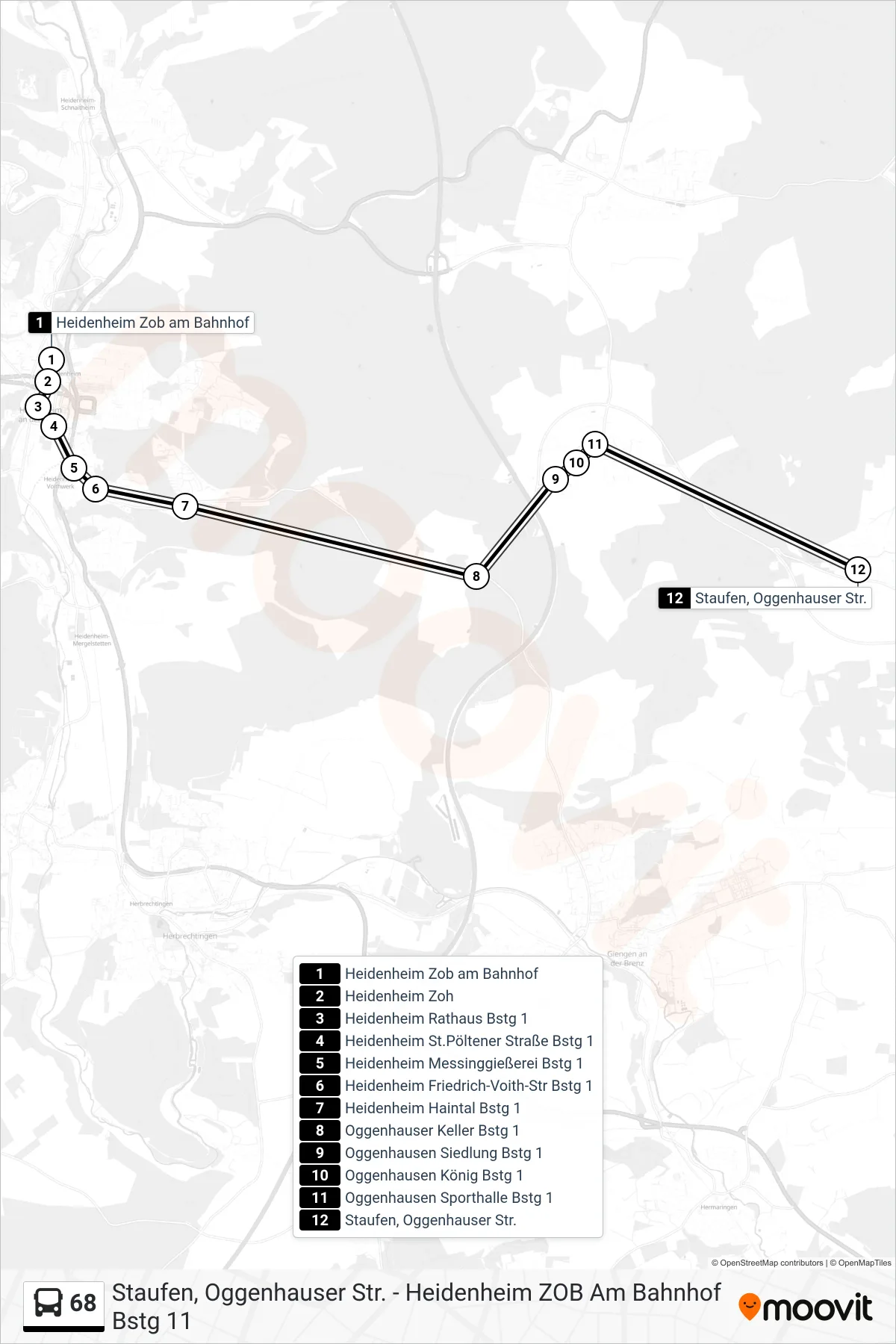 68 bus Line (Staufen, Oggenhauser Str.) route and stops on a map