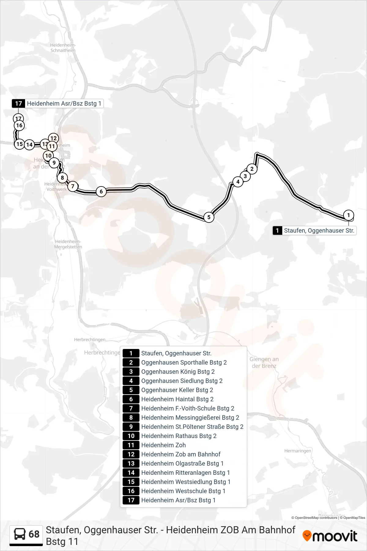 68 bus Line (Heidenheim Asr/Bsz) route and stops on a map