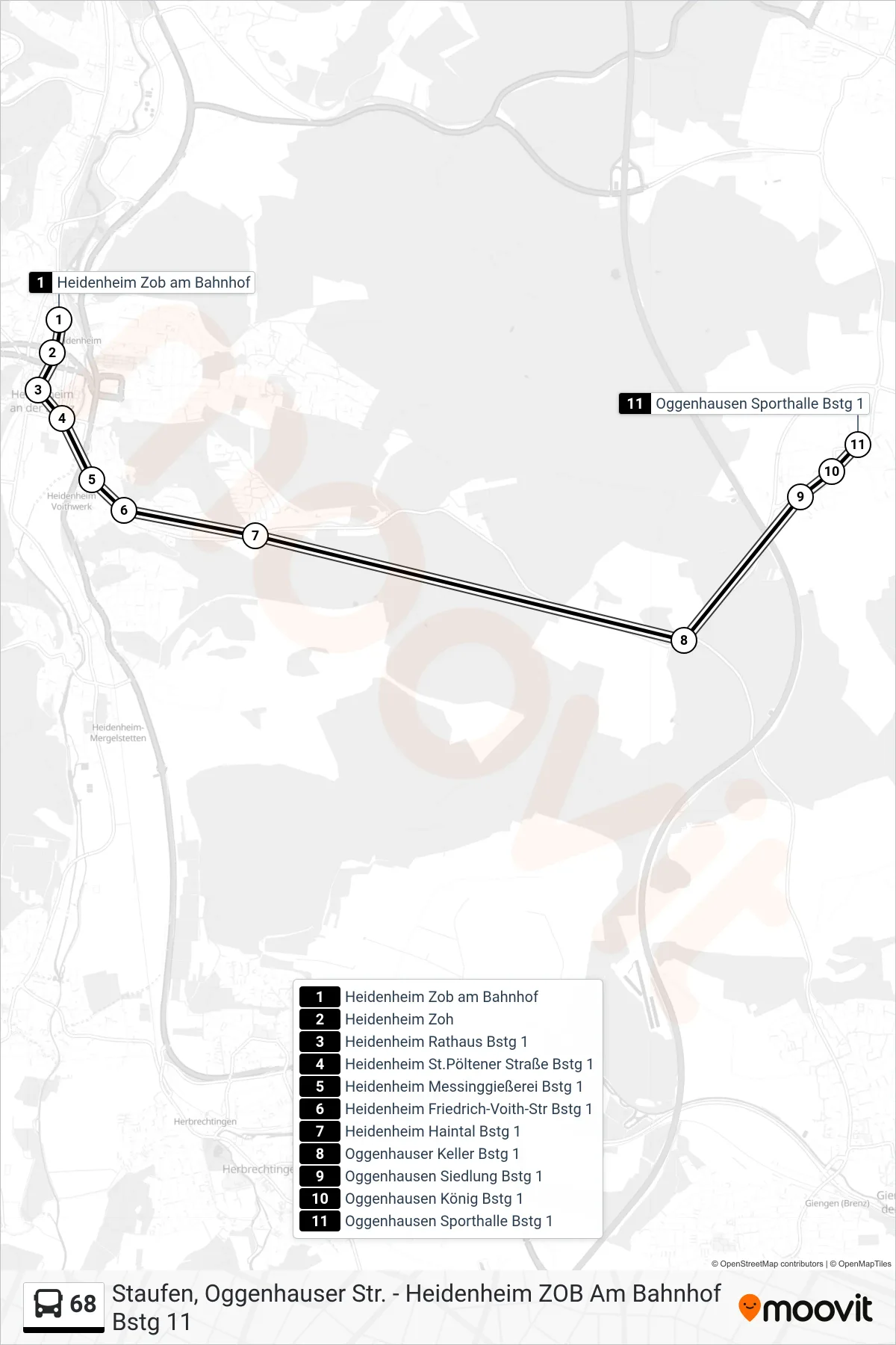 68 bus Line (Oggenhausen Sporthalle) route and stops on a map