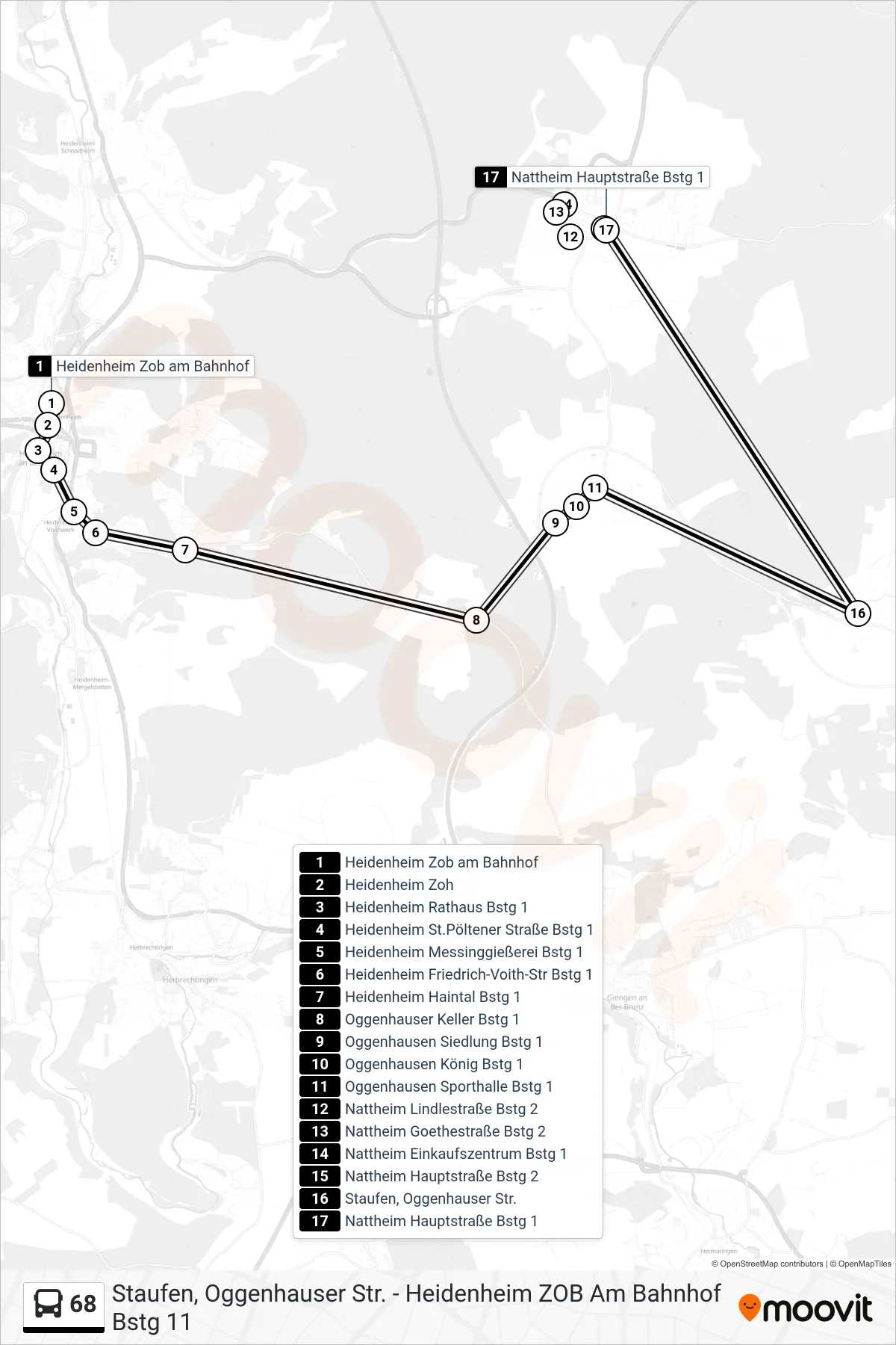 68 bus Line (Nattheim Hauptstraße) route and stops on a map