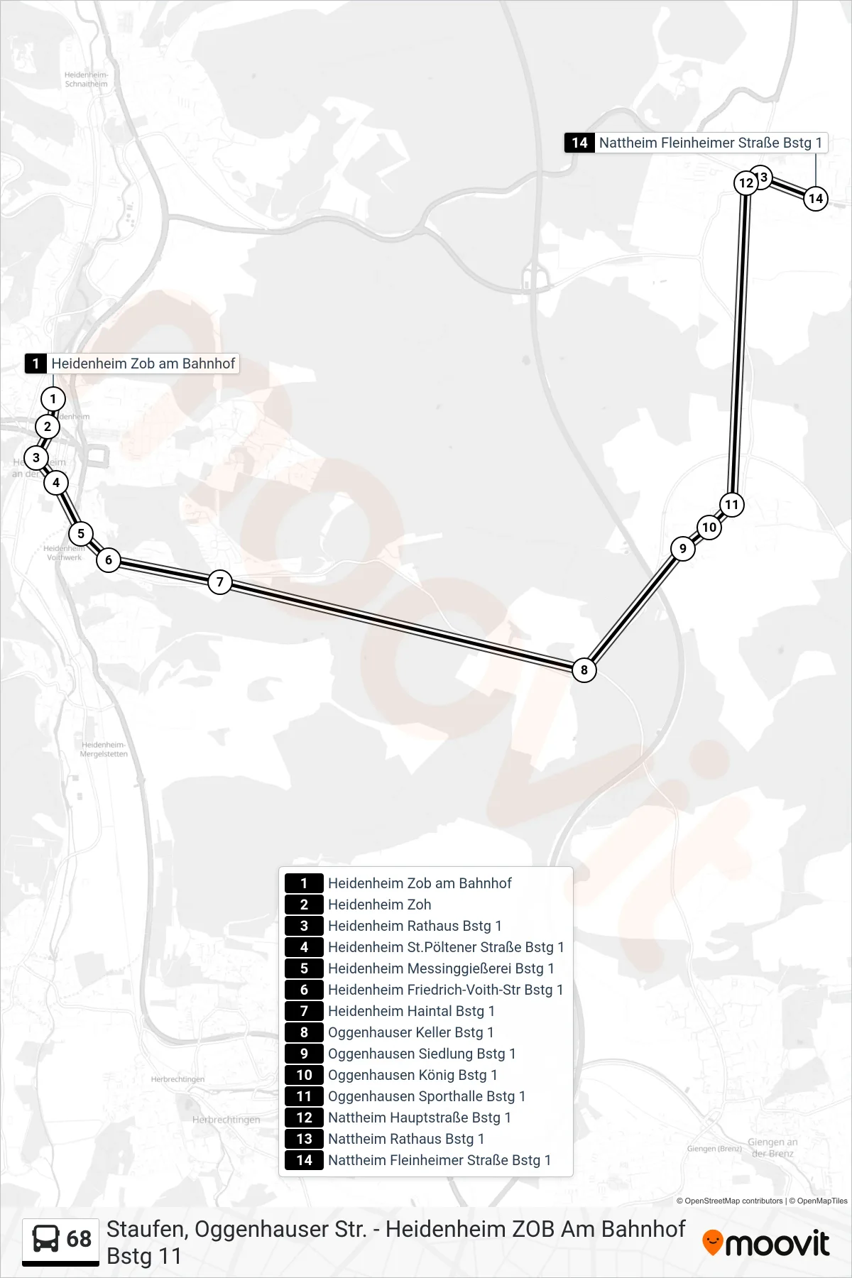 68 bus Line (Nattheim Fleinheimer Straße) route and stops on a map