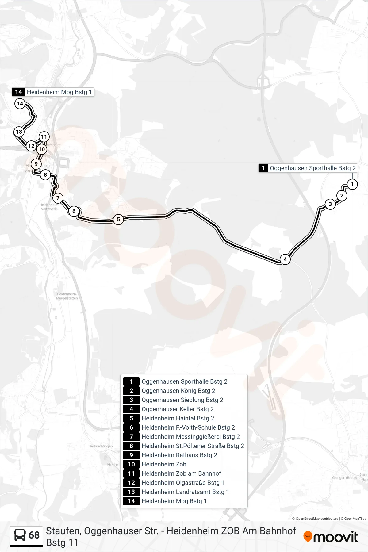 68 bus Line (Heidenheim Mpg) route and stops on a map
