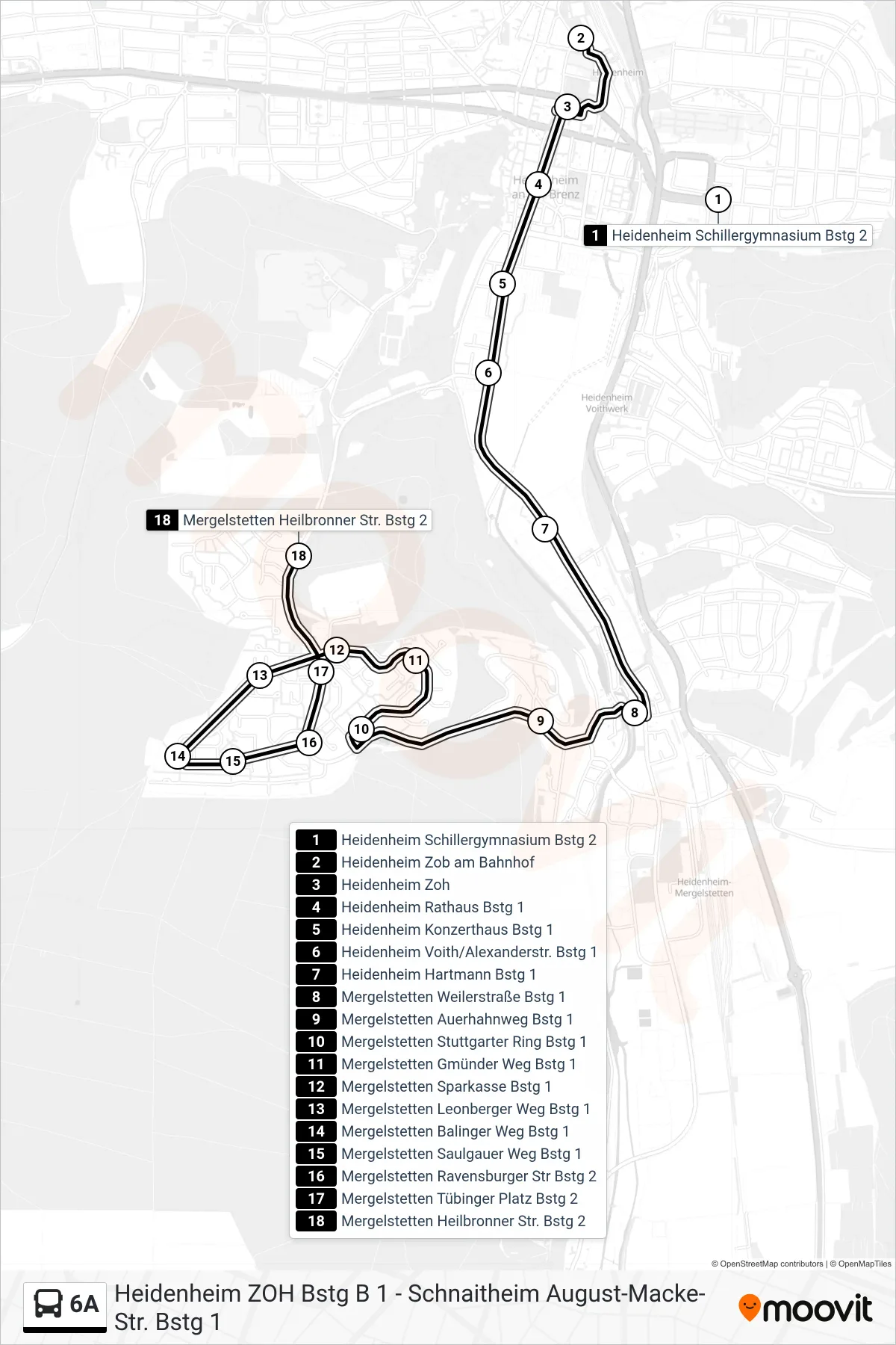 6A bus Line (Mergelstetten Heilbronner Str.) route and stops on a map