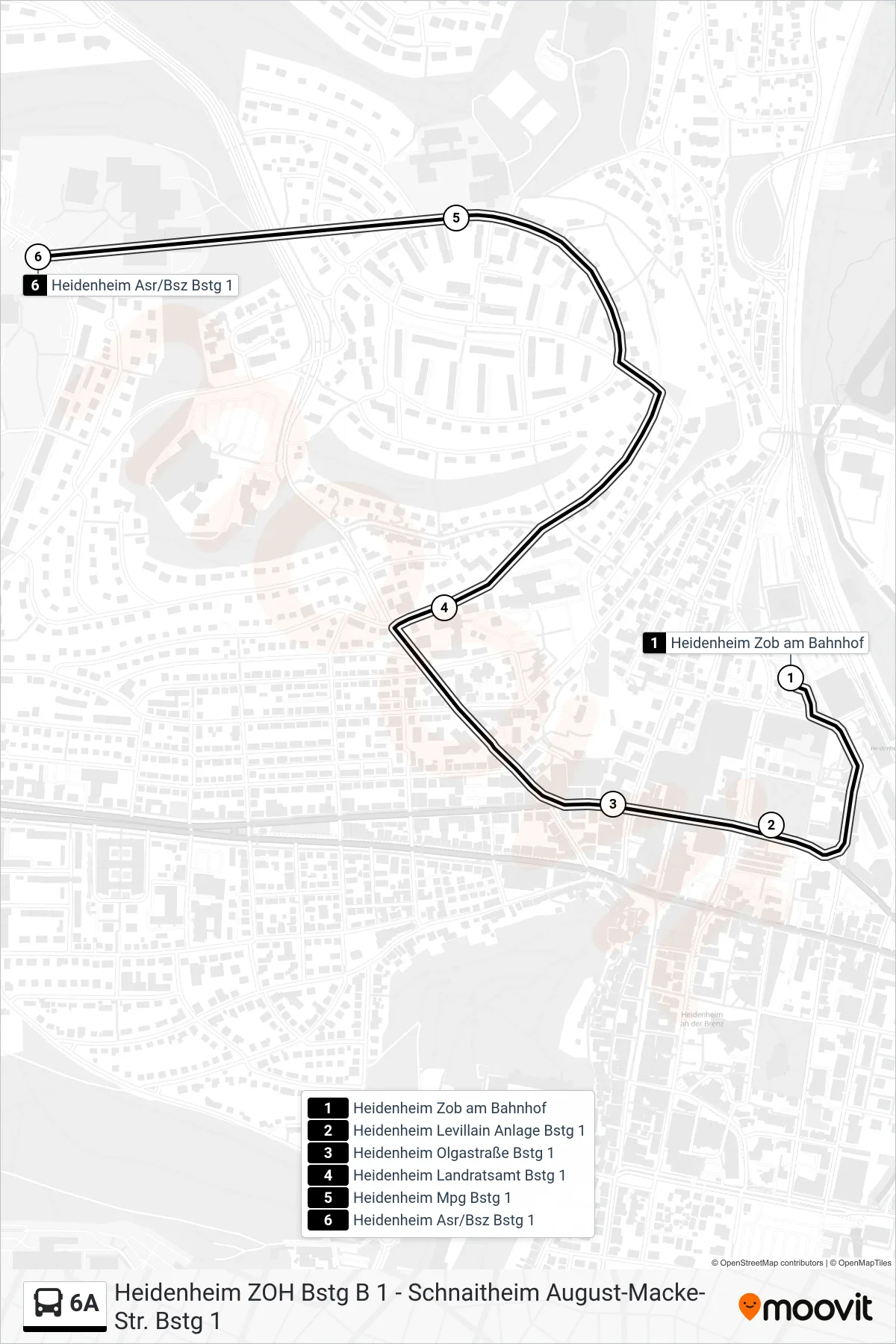 6A bus Line (Heidenheim Asr/Bsz) route and stops on a map