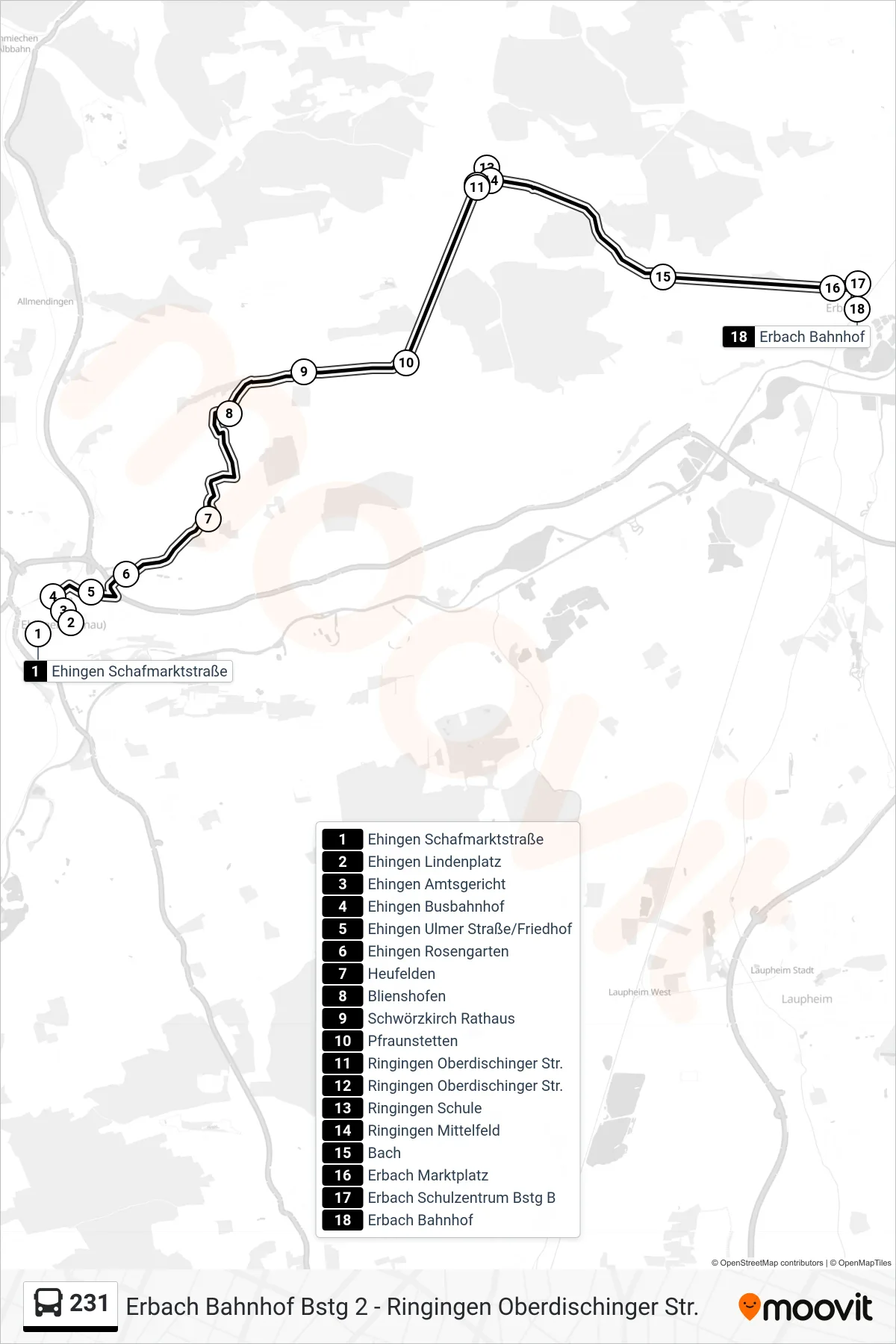 Linie 231 (Bus) Richtung Erbach Bahnhof: Route und Haltestellen auf der Karte