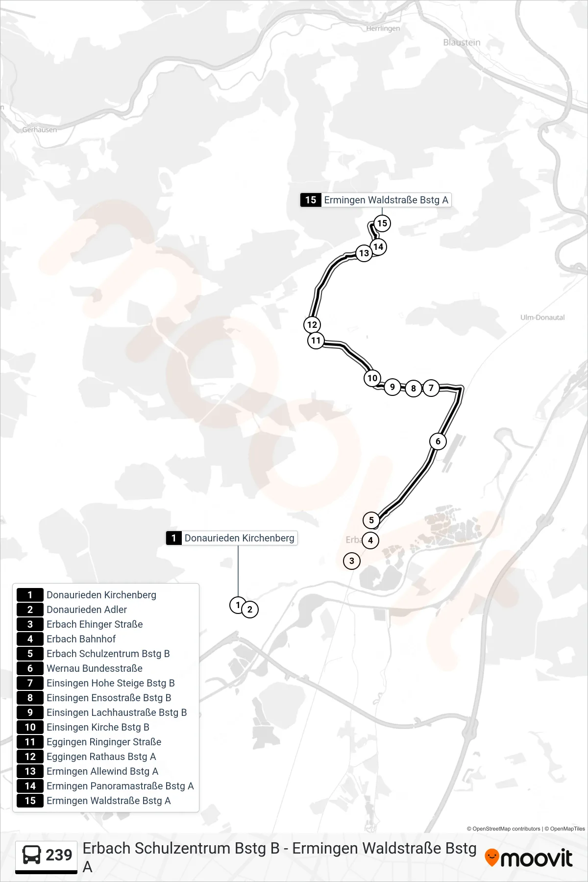 239 bus Line (Ermingen Waldstraße) route and stops on a map