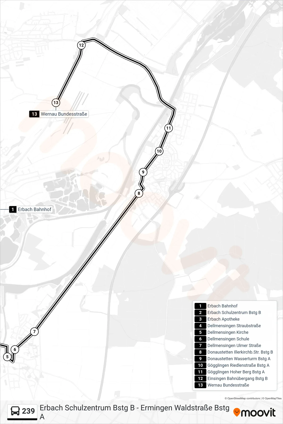 239 bus Line (Wernau Bundesstraße) route and stops on a map