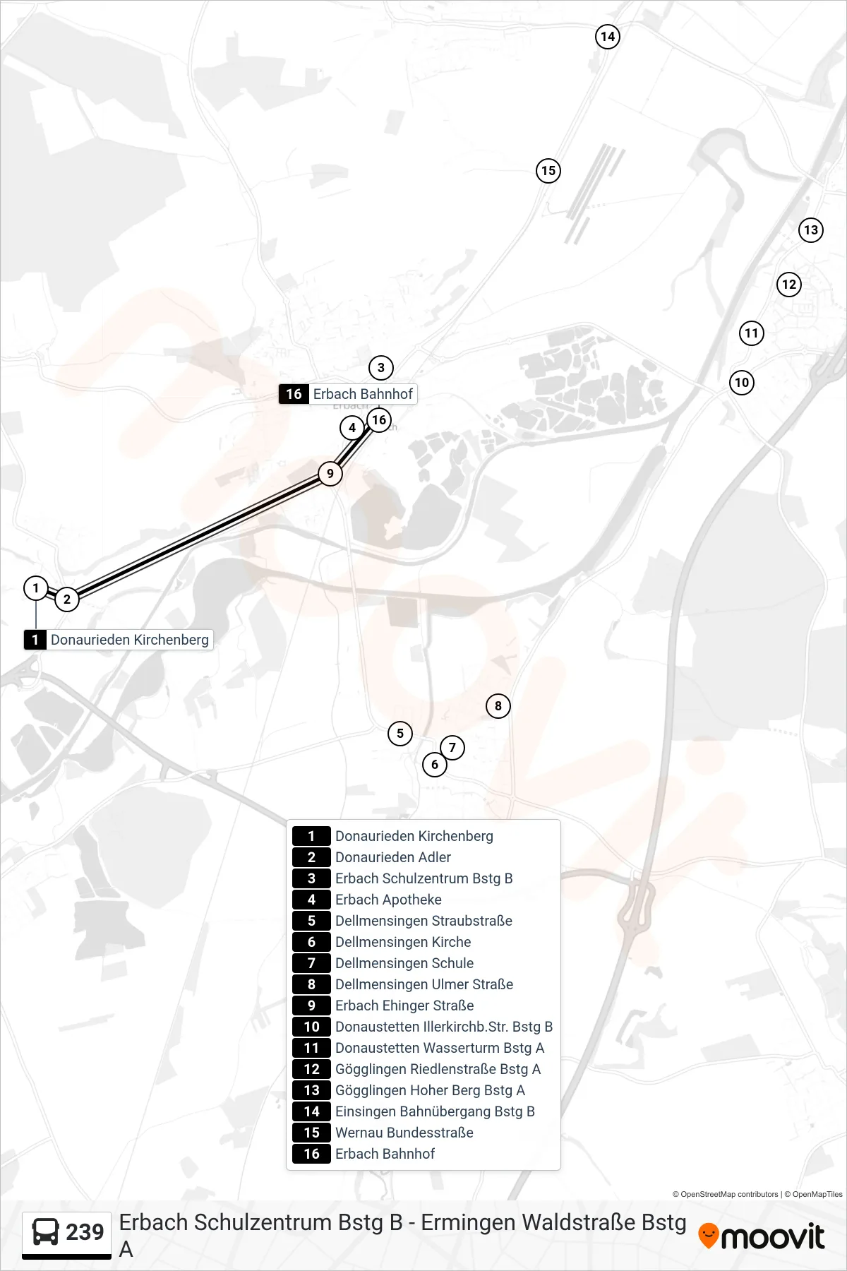 239 bus Line (Erbach Bahnhof) route and stops on a map