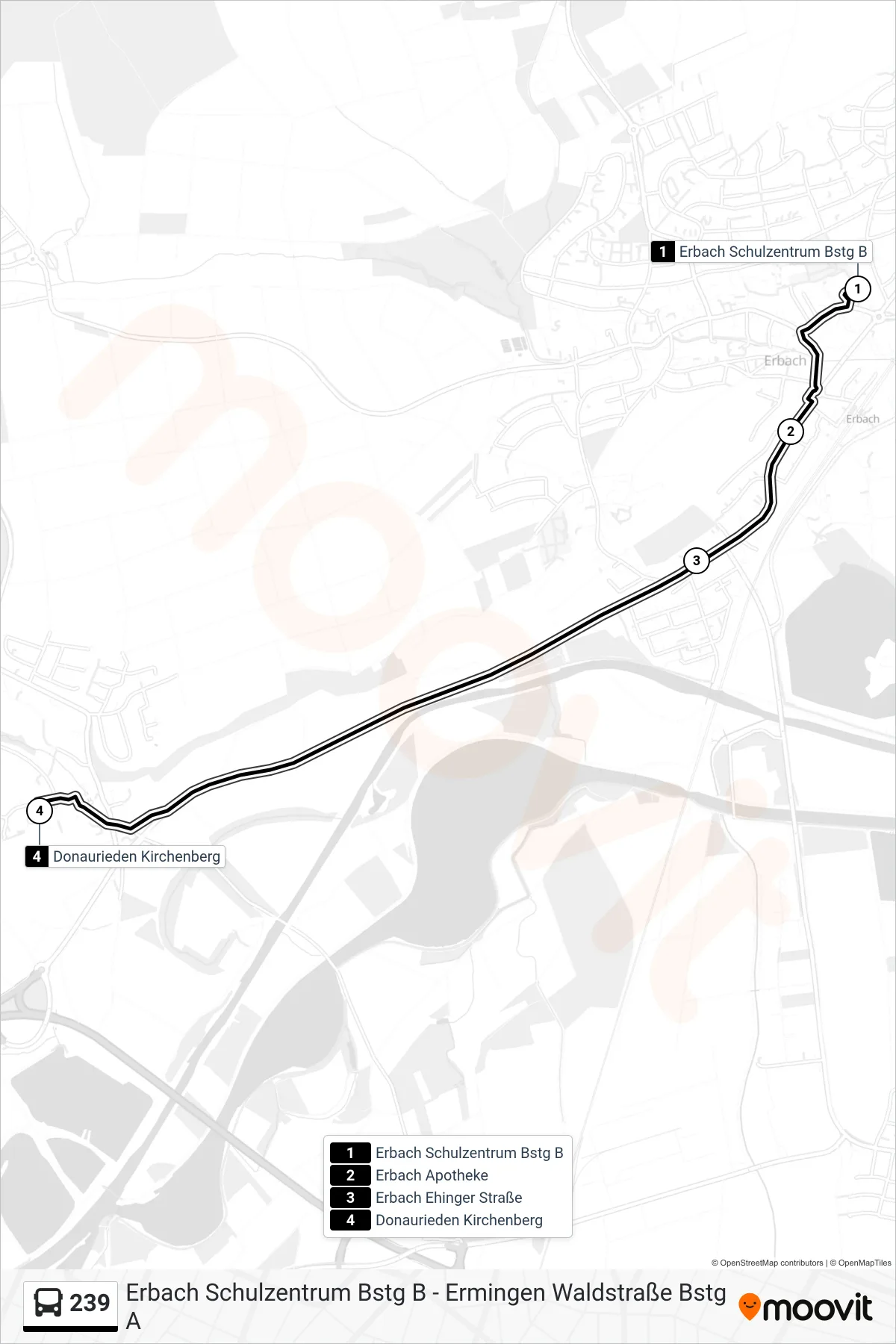 239 bus Line (Donaurieden Kirchenberg) route and stops on a map