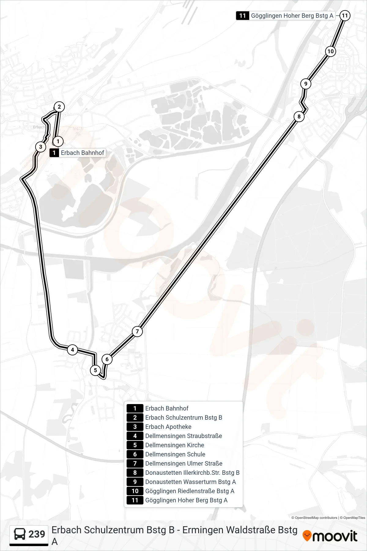 239 bus Line (Gögglingen Hoher Berg) route and stops on a map