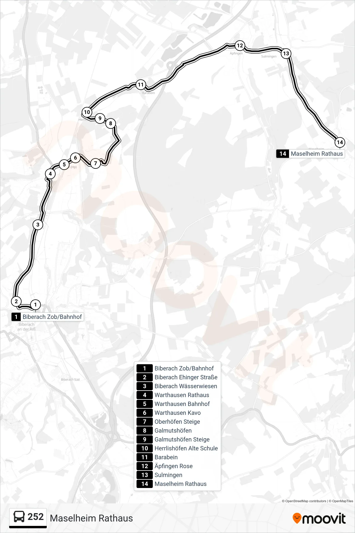 Linie 252 (Bus) Richtung Maselheim Rathaus: Route und Haltestellen auf der Karte