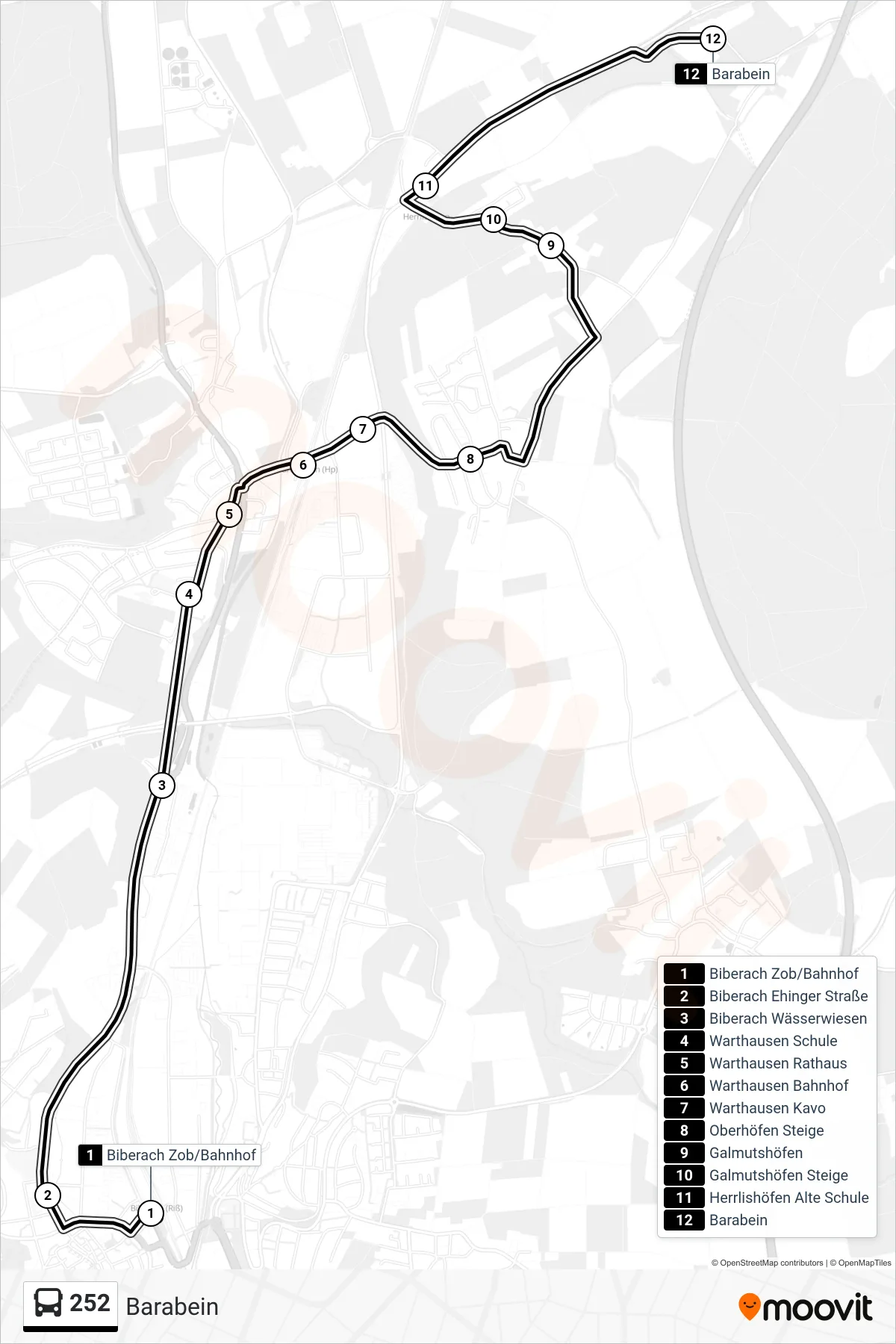 252 bus Line (Barabein) route and stops on a map