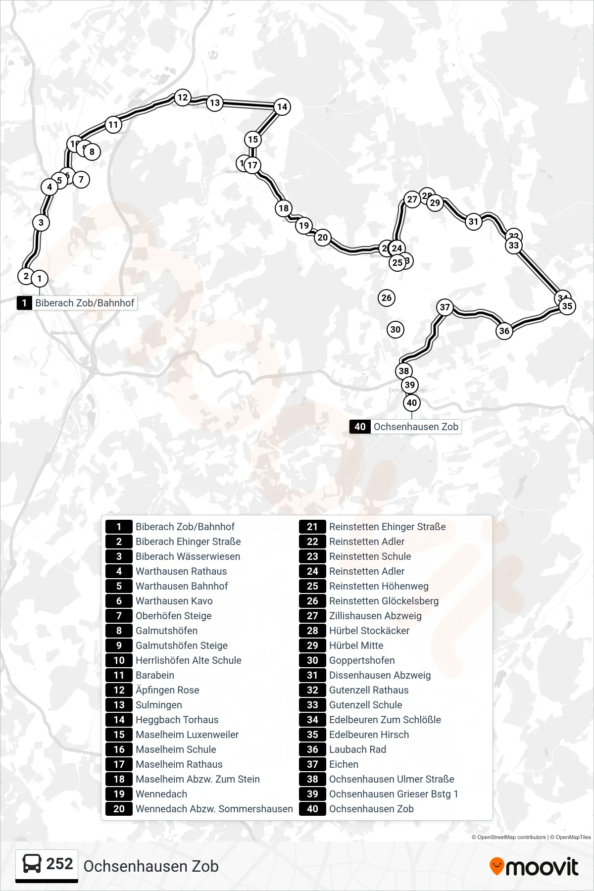 252 bus Line (Ochsenhausen Zob) route and stops on a map