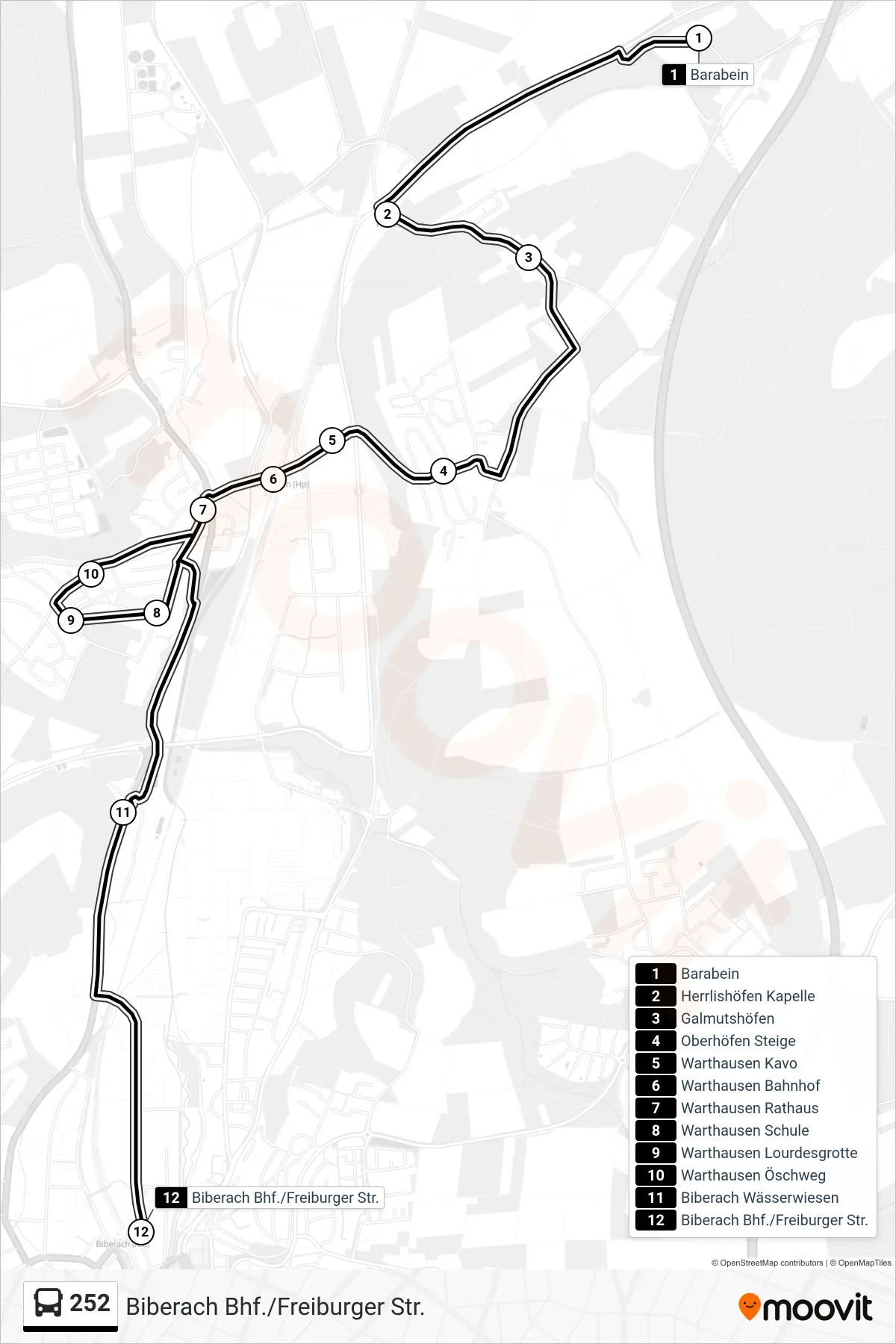 252 bus Line (Biberach Bhf./Freiburger Str.) route and stops on a map