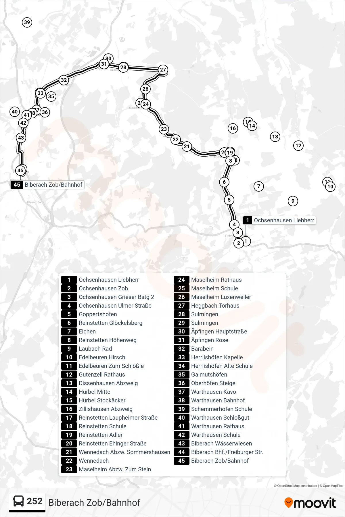 Linie 252 (Bus) Richtung Biberach Zob/Bahnhof: Route und Haltestellen auf der Karte
