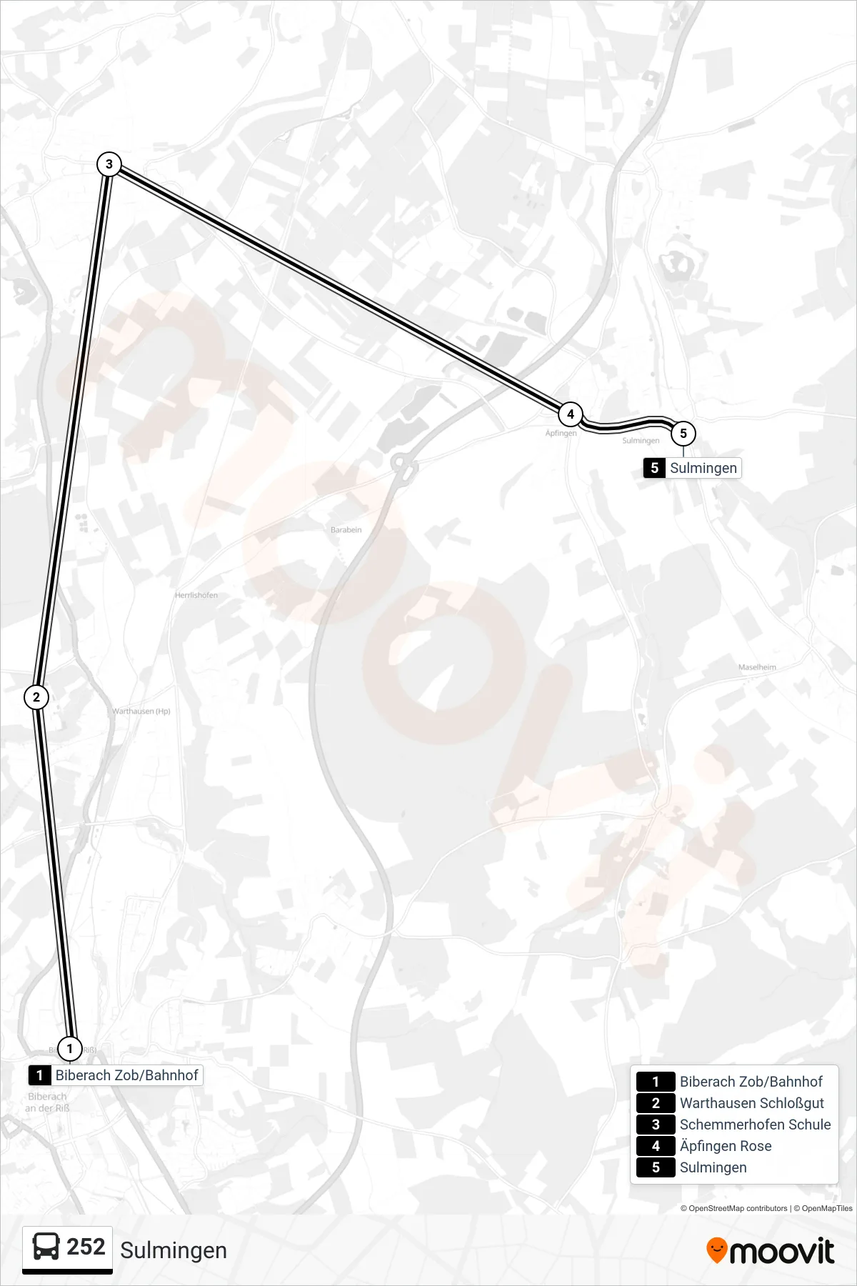 252 bus Line (Sulmingen) route and stops on a map