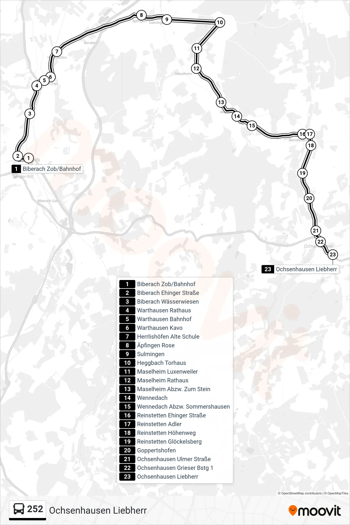 Linie 252 (Bus) Richtung Ochsenhausen Liebherr: Route und Haltestellen auf der Karte