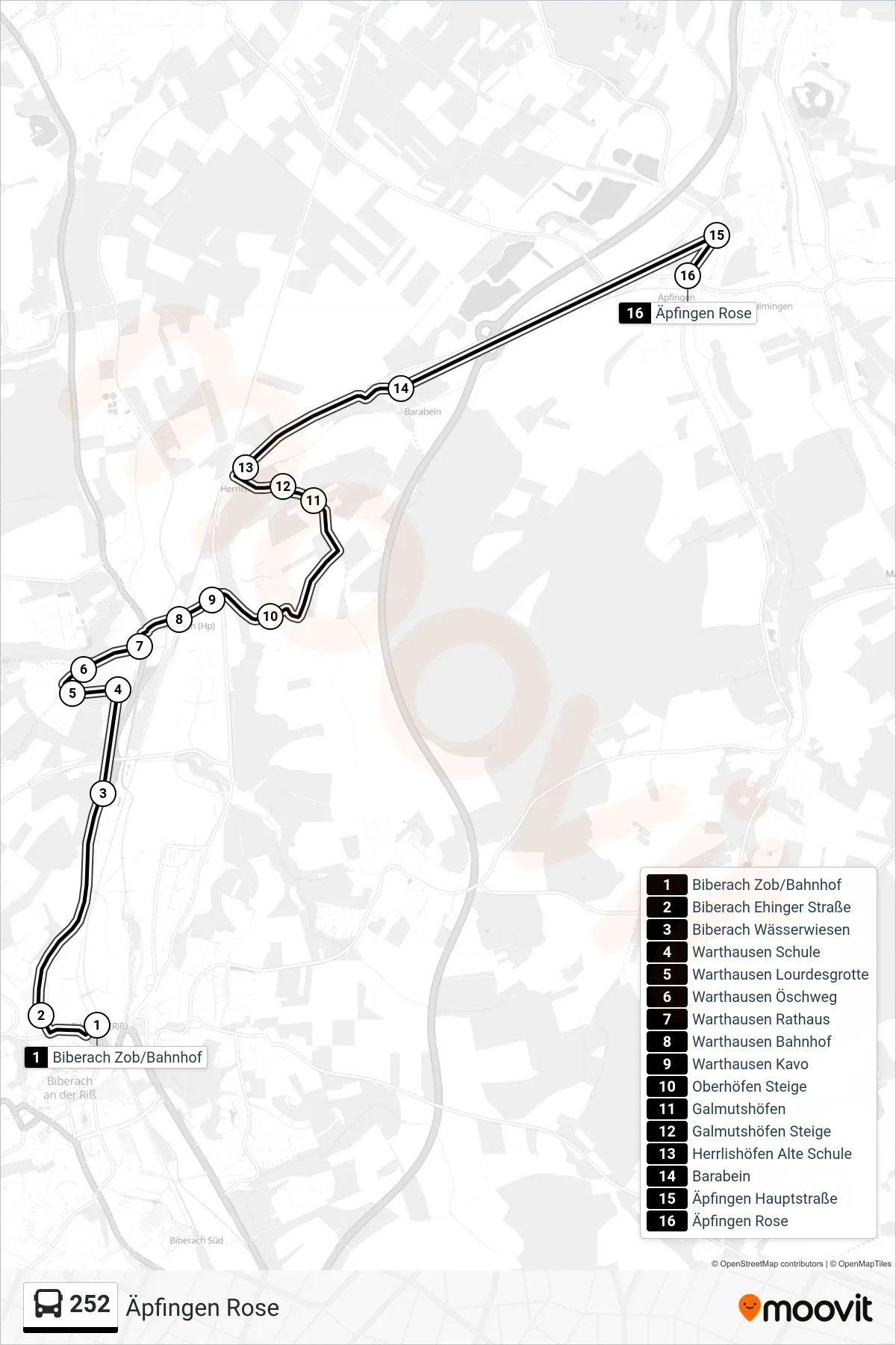 252 bus Line (Äpfingen Rose) route and stops on a map