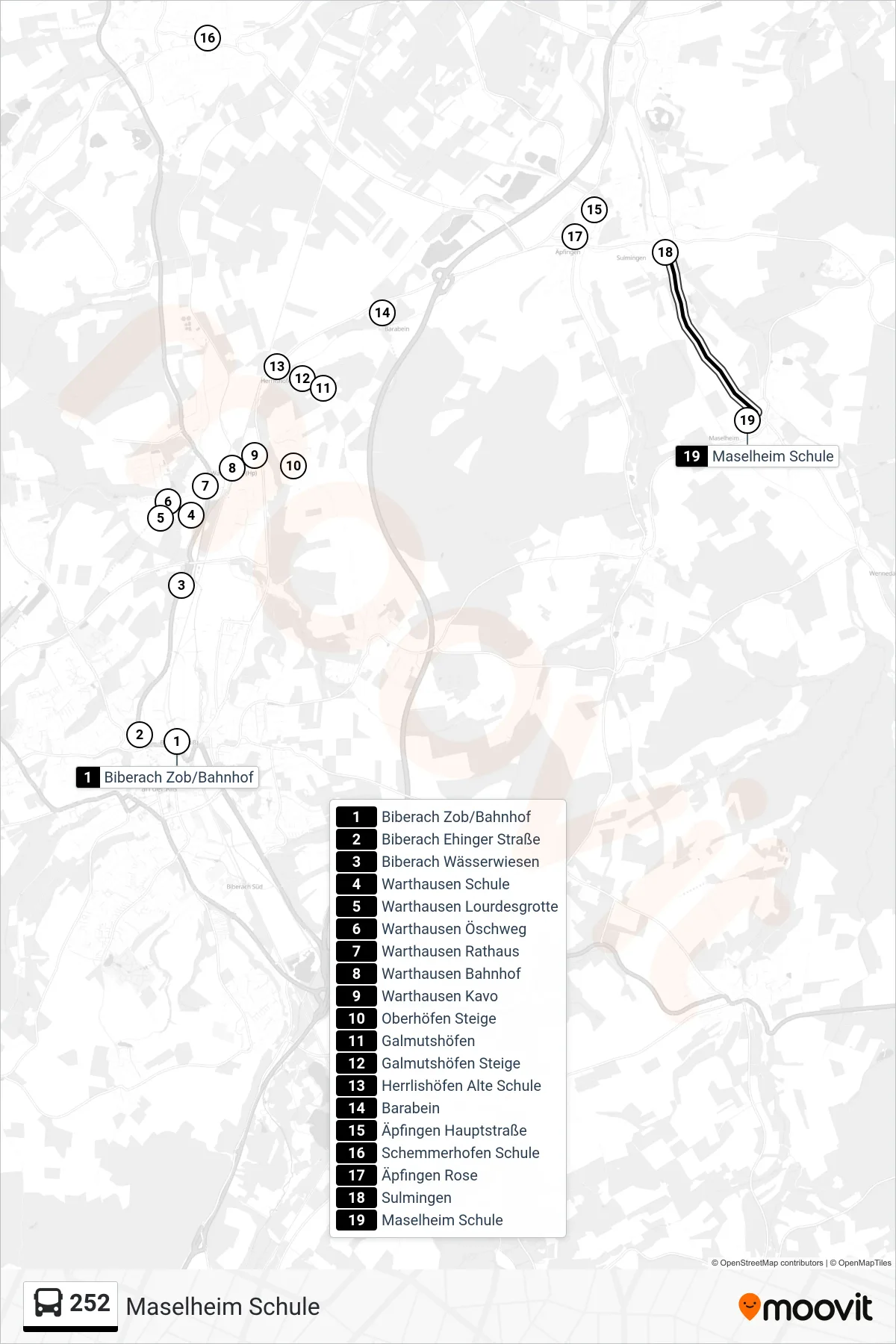 252 bus Line (Maselheim Schule) route and stops on a map