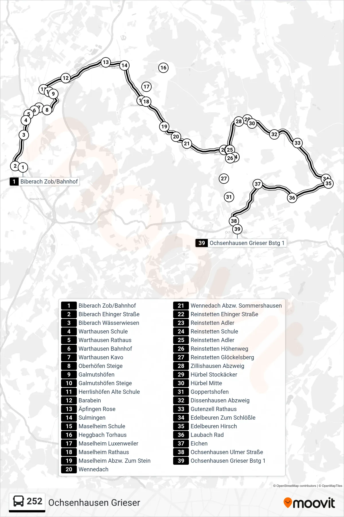 252 bus Line (Ochsenhausen Grieser) route and stops on a map