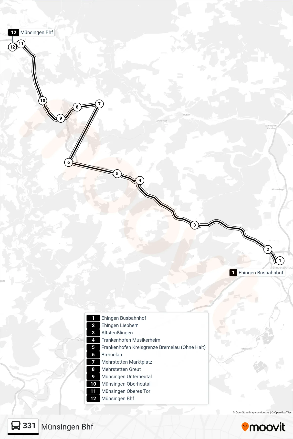 331 bus Line (Münsingen Bhf) route and stops on a map