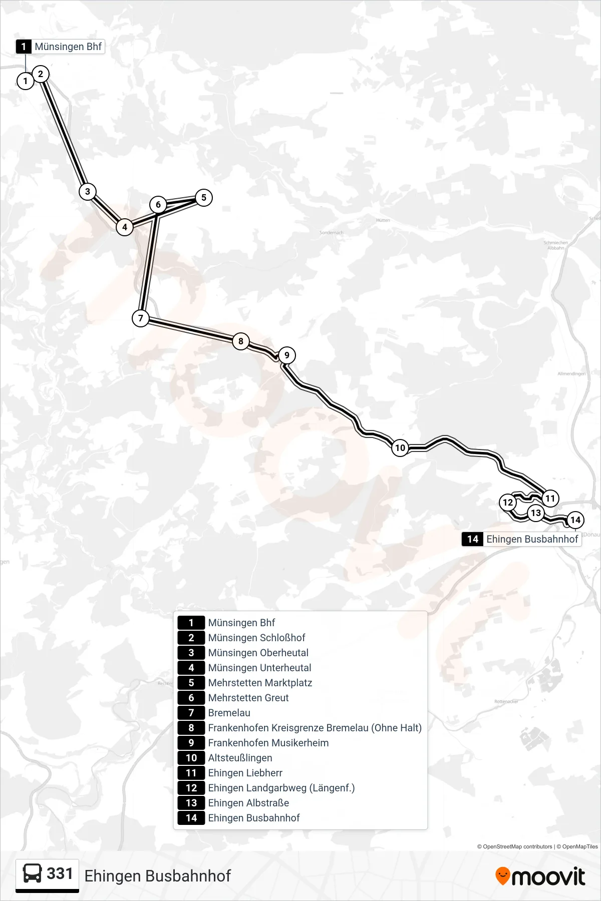 Linie 331 (Bus) Richtung Ehingen Busbahnhof: Route und Haltestellen auf der Karte