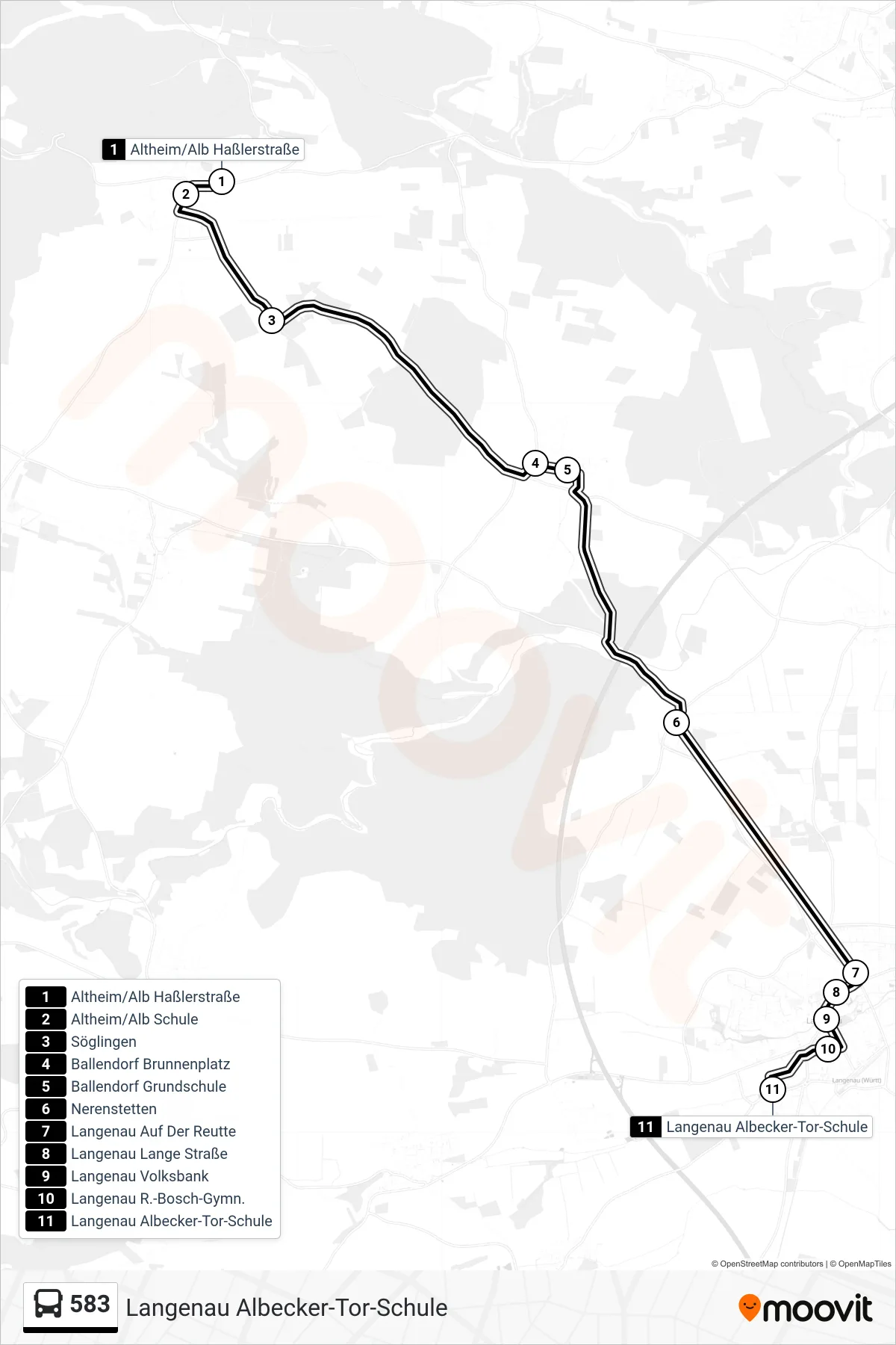 583 bus Line (Langenau Albecker-Tor-Schule) route and stops on a map