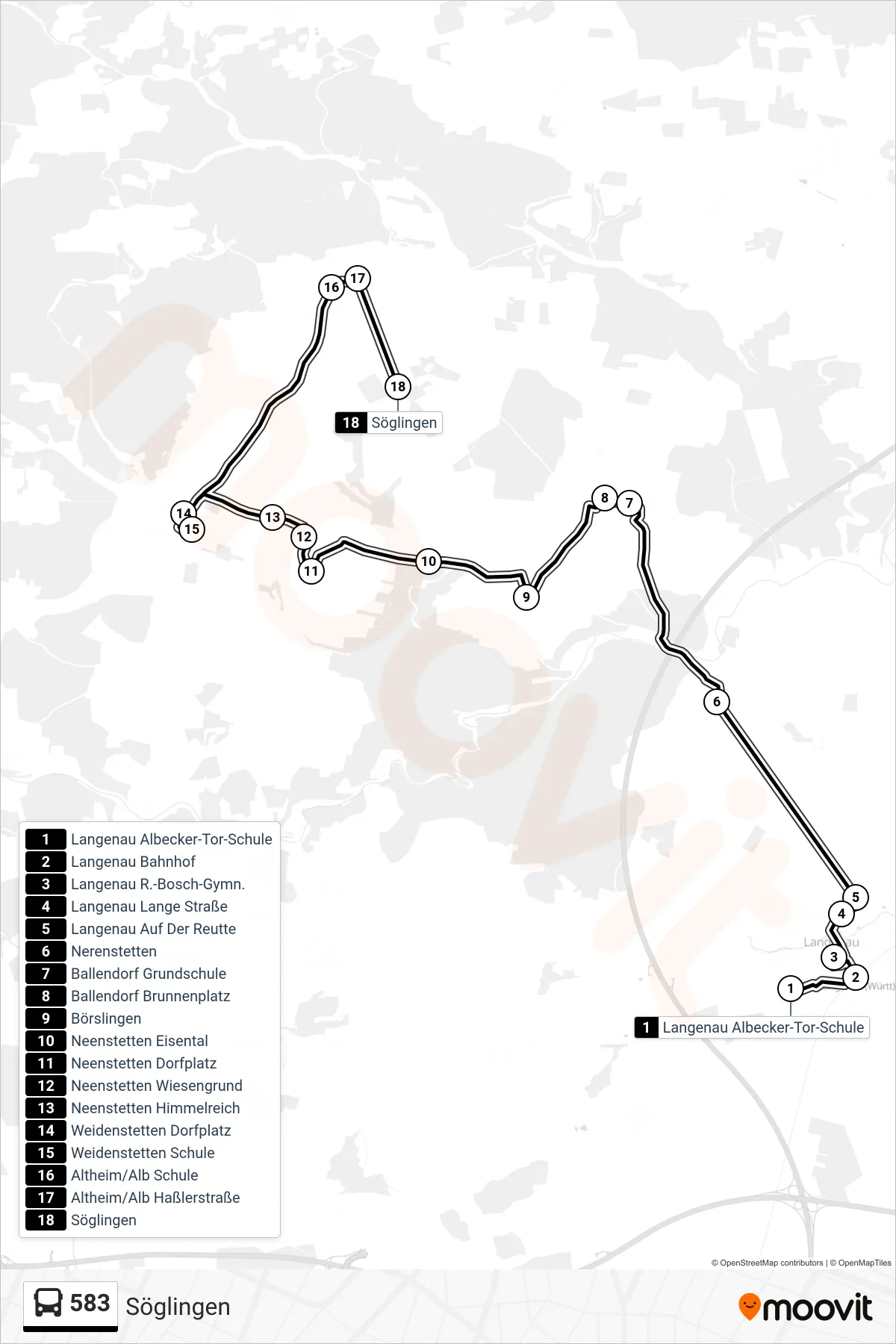 583 bus Line (Söglingen) route and stops on a map