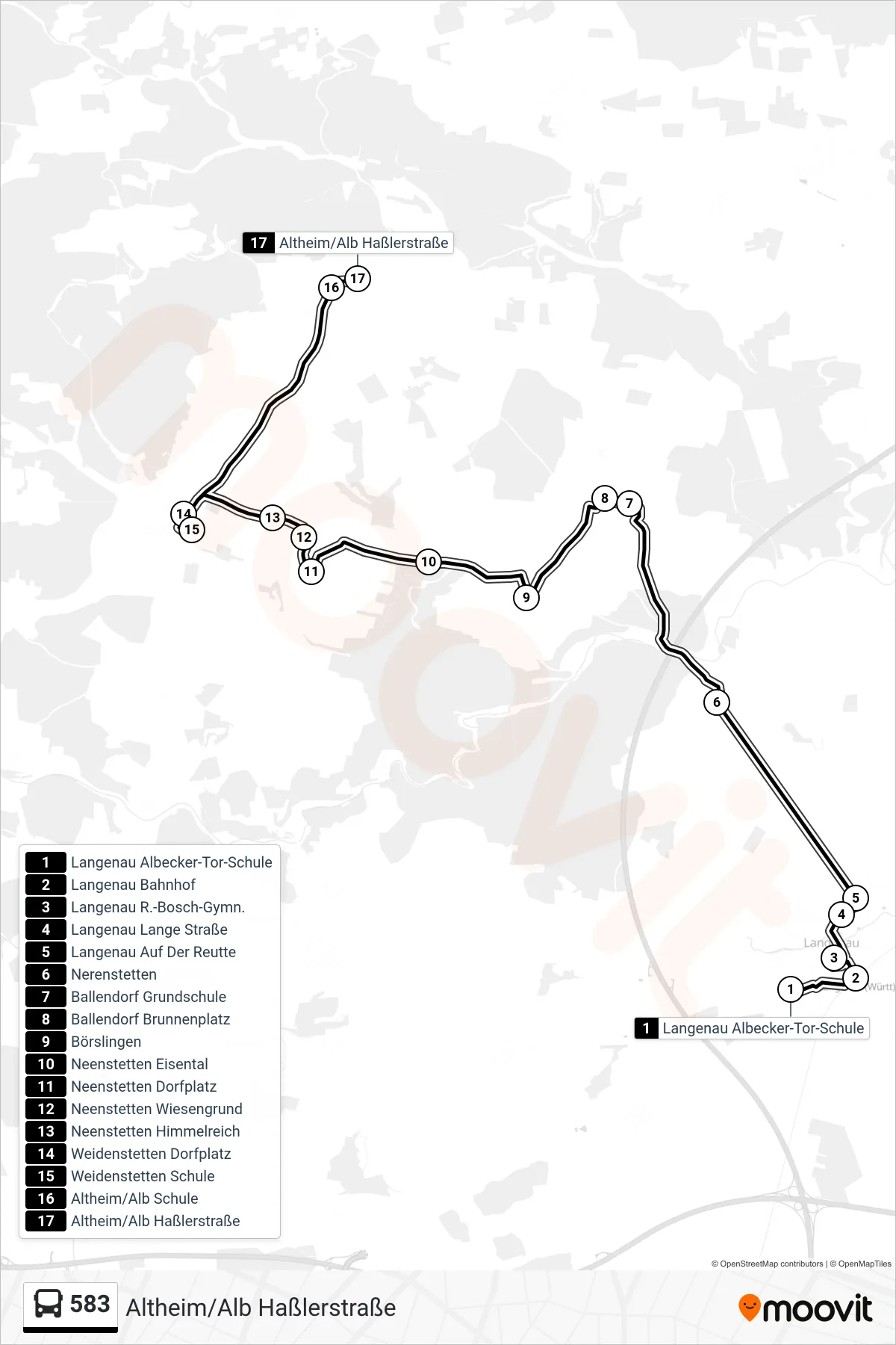 583 bus Line (Altheim/Alb Haßlerstraße) route and stops on a map