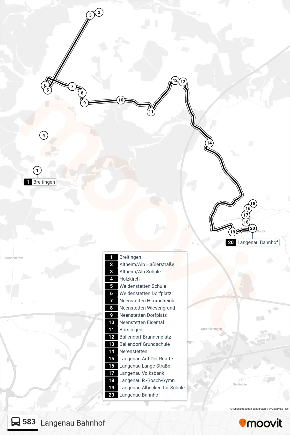 583 bus Line (Langenau Bahnhof) route and stops on a map