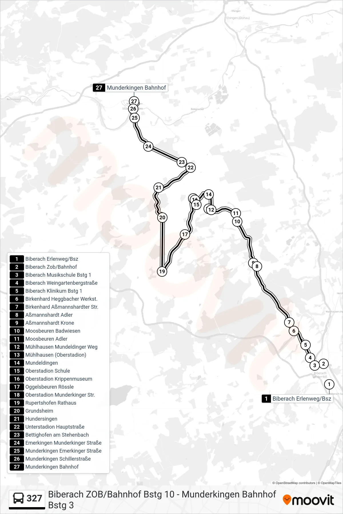 327 bus Line (Munderkingen Bahnhof) route and stops on a map