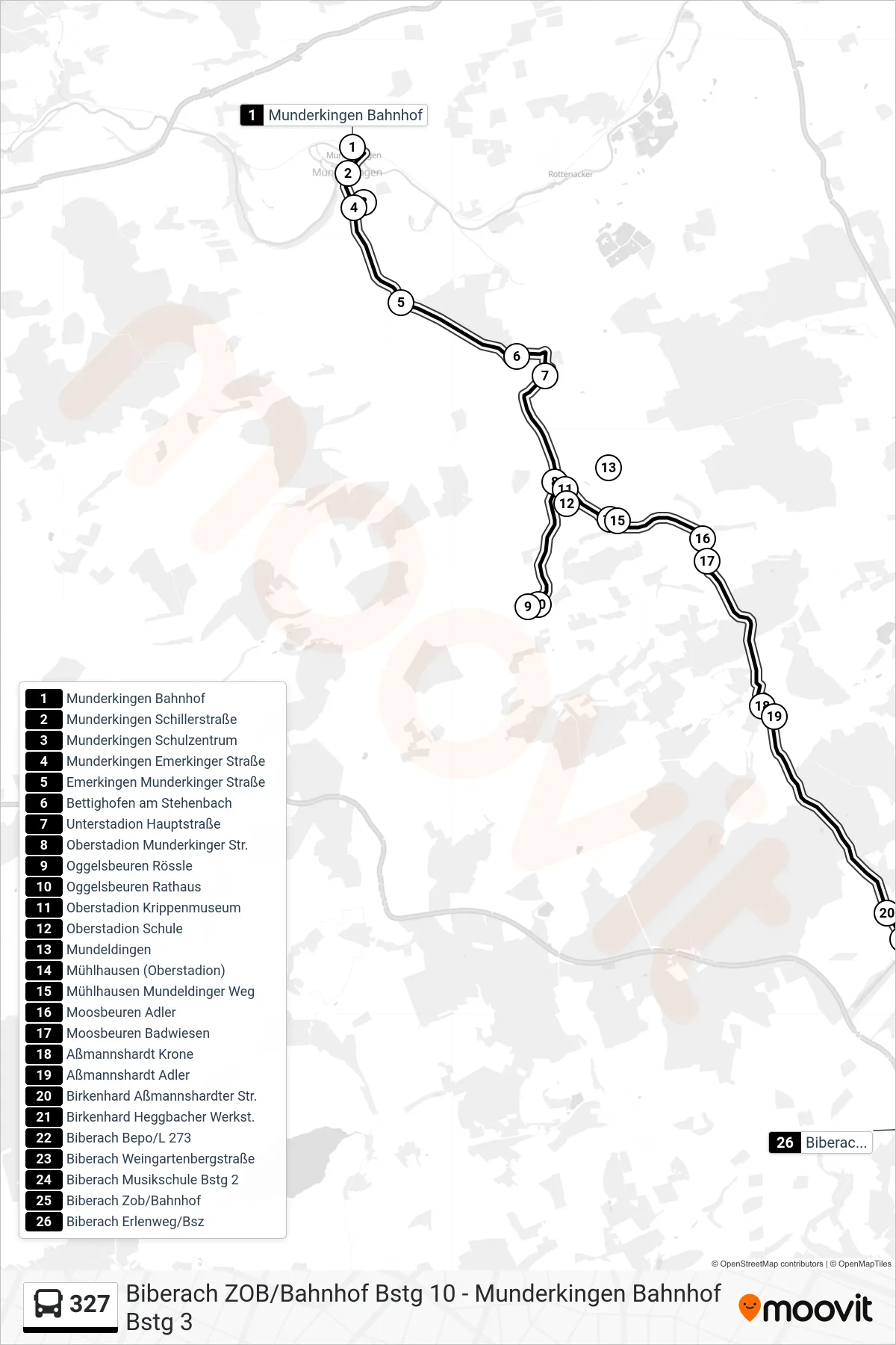 327 bus Line (Biberach Erlenweg/Bsz) route and stops on a map