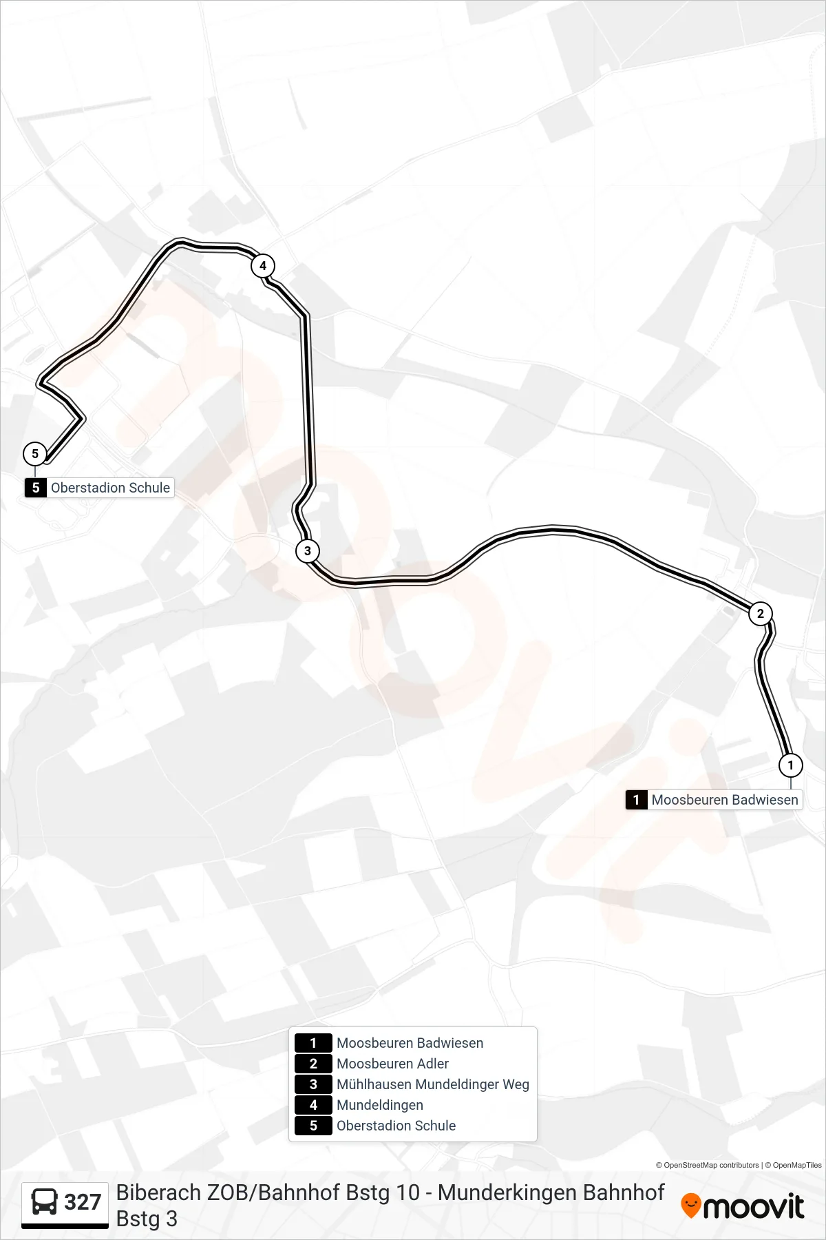 327 bus Line (Oberstadion Schule) route and stops on a map