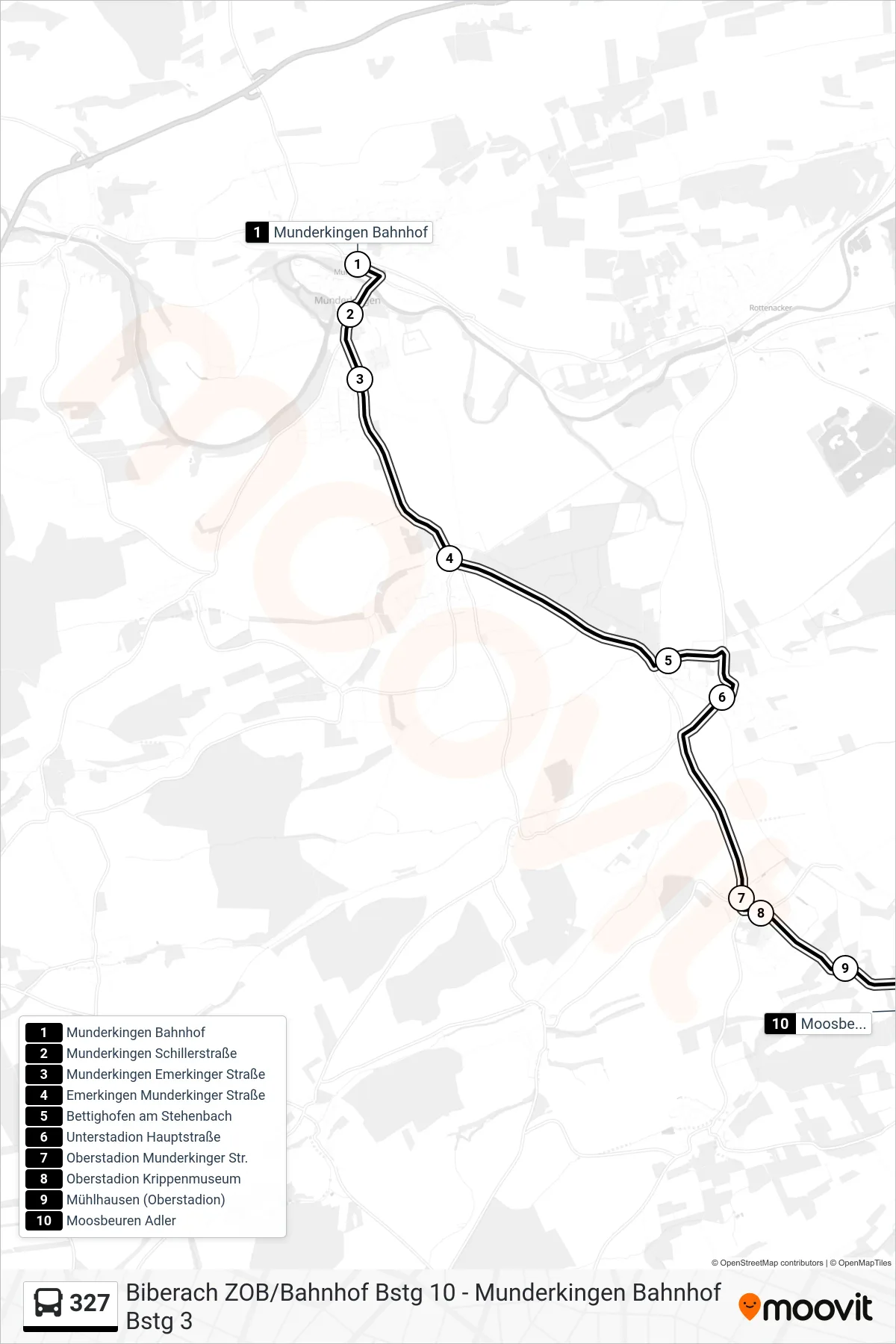 Linie 327 (Bus) Richtung Moosbeuren Adler: Route und Haltestellen auf der Karte