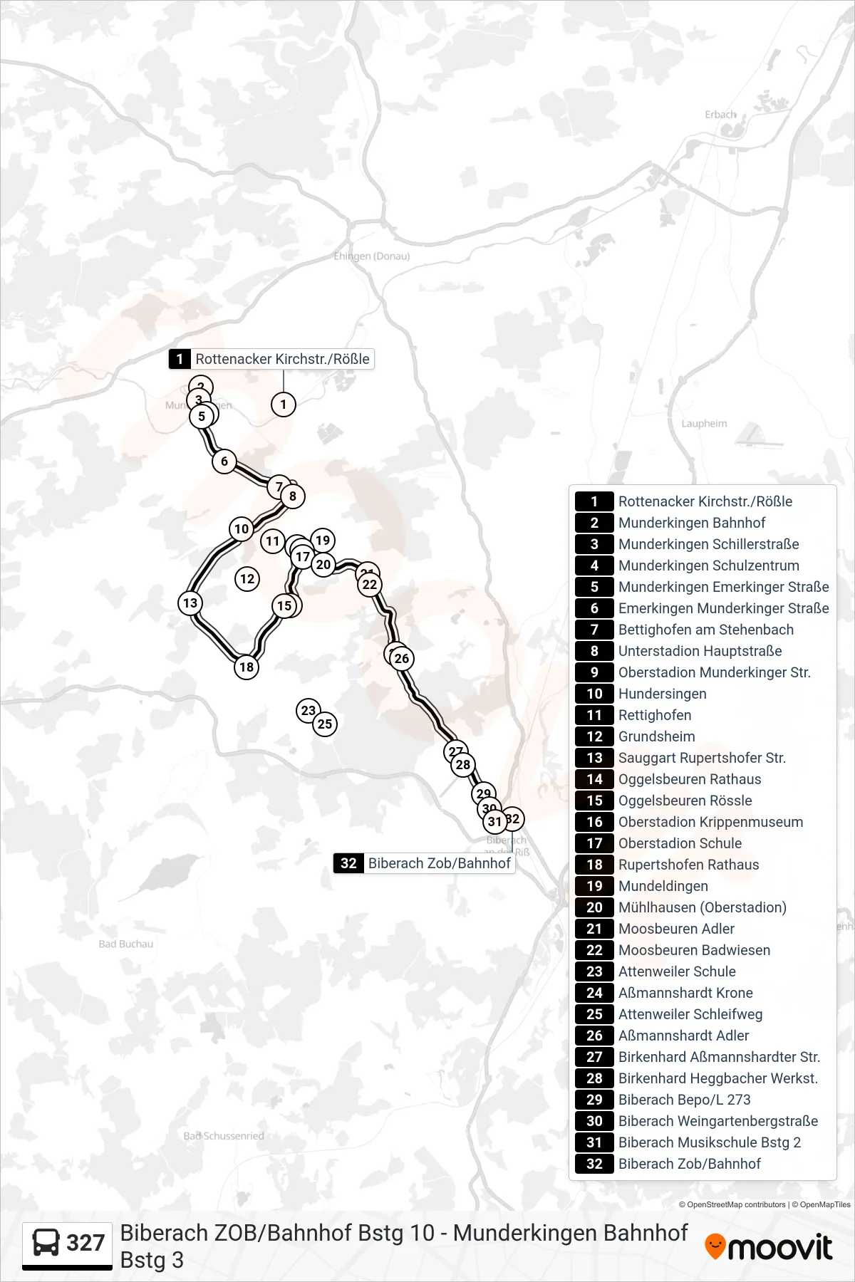 327 bus Line (Biberach Zob/Bahnhof) route and stops on a map