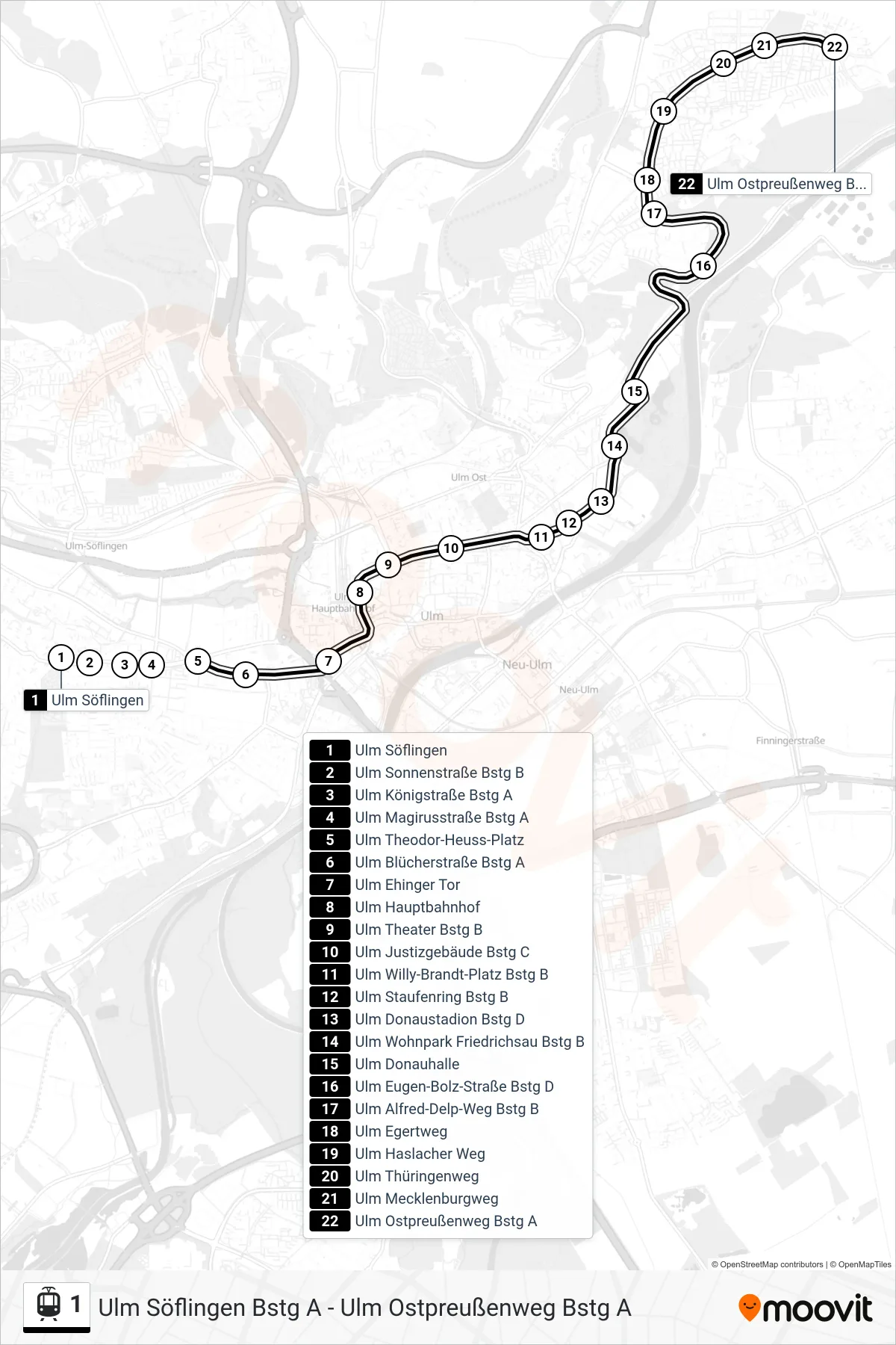 1 light rail Line (Ulm Ostpreußenweg) route and stops on a map