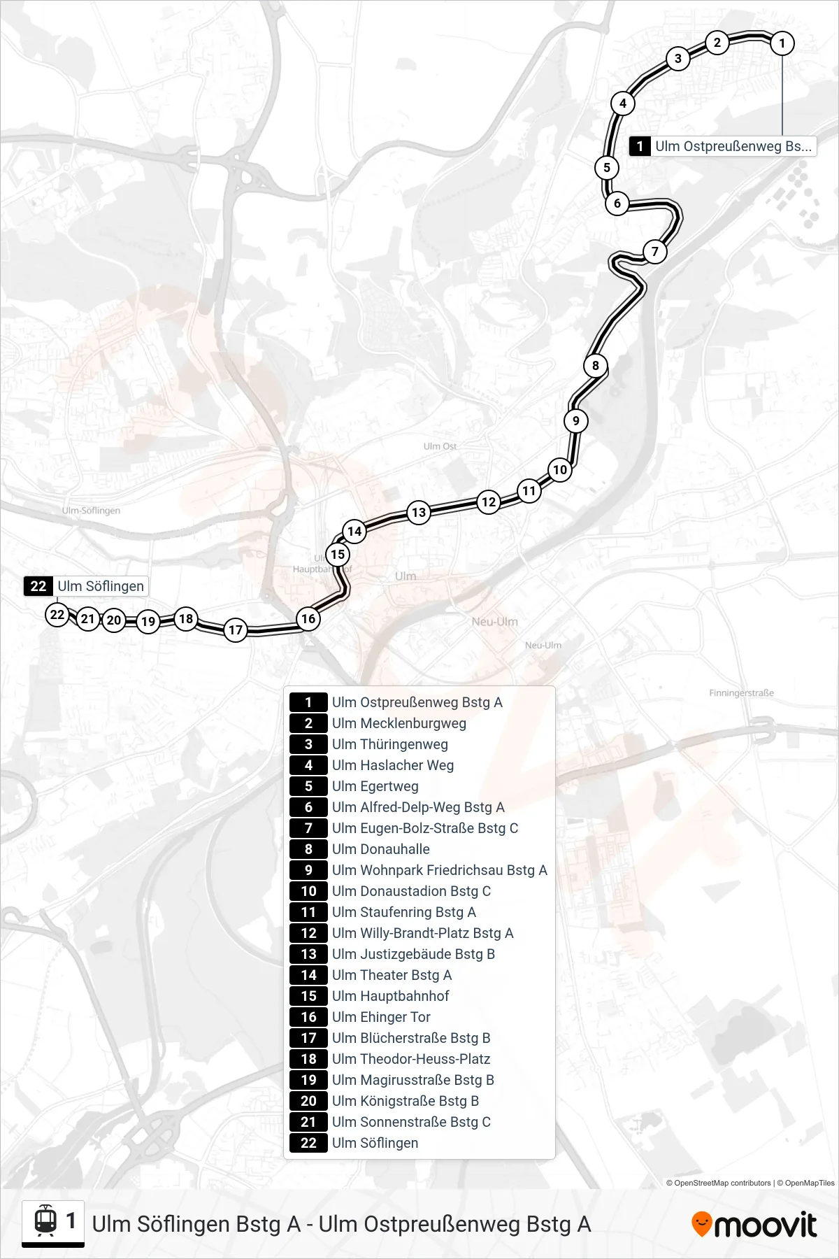 1 light rail Line (Ulm Söflingen) route and stops on a map