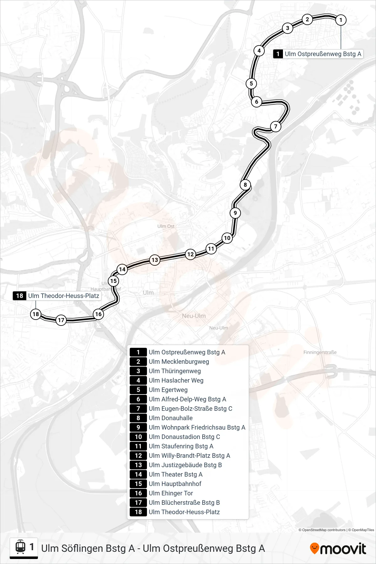 Linie 1 (Straßenbahn) Richtung Ulm Theodor-Heuss-Platz: Route und Haltestellen auf der Karte