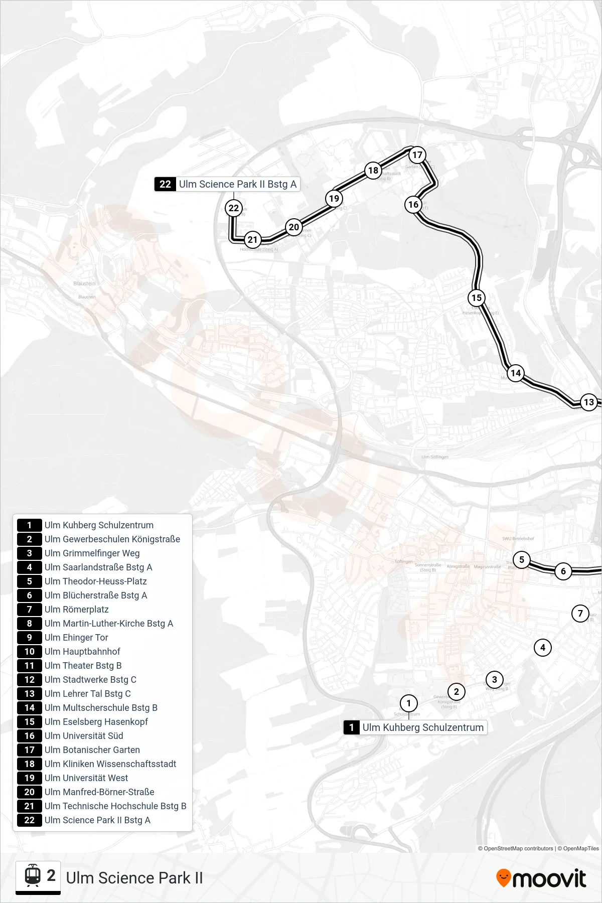 Linie 2 (Straßenbahn) Richtung Ulm Science Park II: Route und Haltestellen auf der Karte