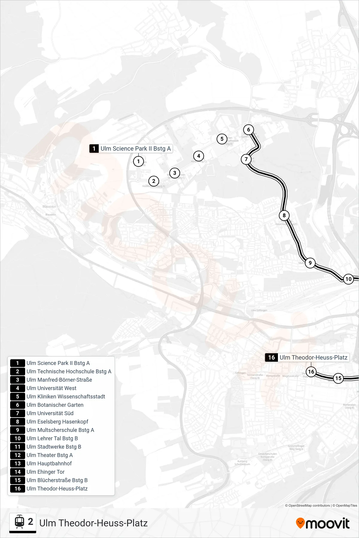 2 light rail Line (Ulm Theodor-Heuss-Platz) route and stops on a map