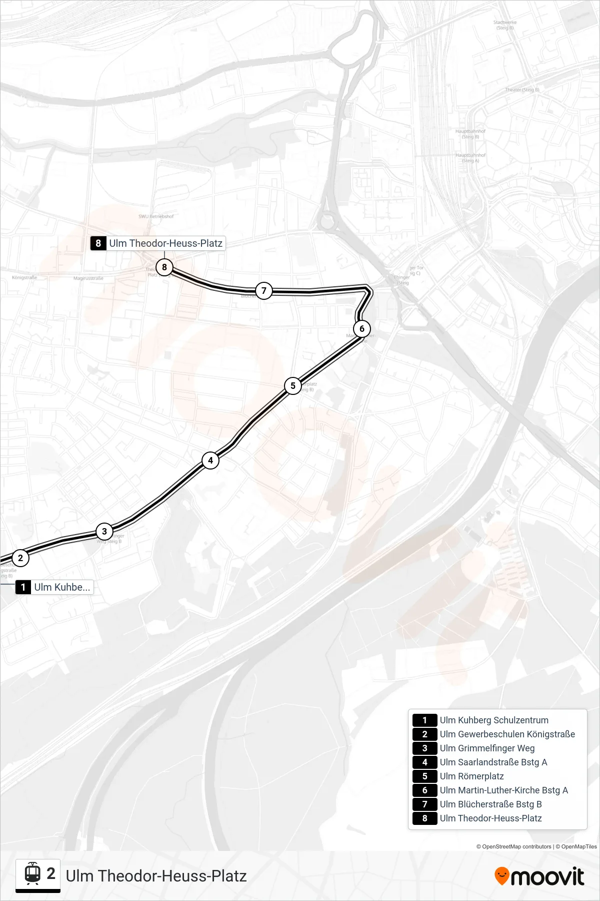 2 light rail Line (Ulm Theodor-Heuss-Platz) route and stops on a map
