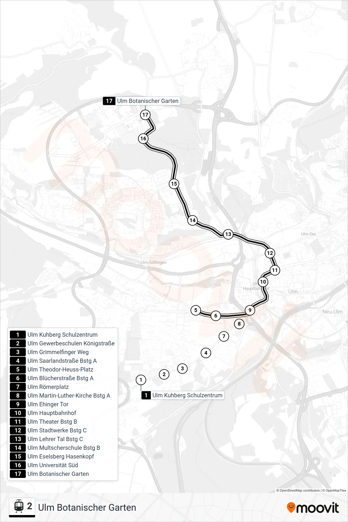 2 tram Line (Ulm Botanischer Garten) route and stops on a map