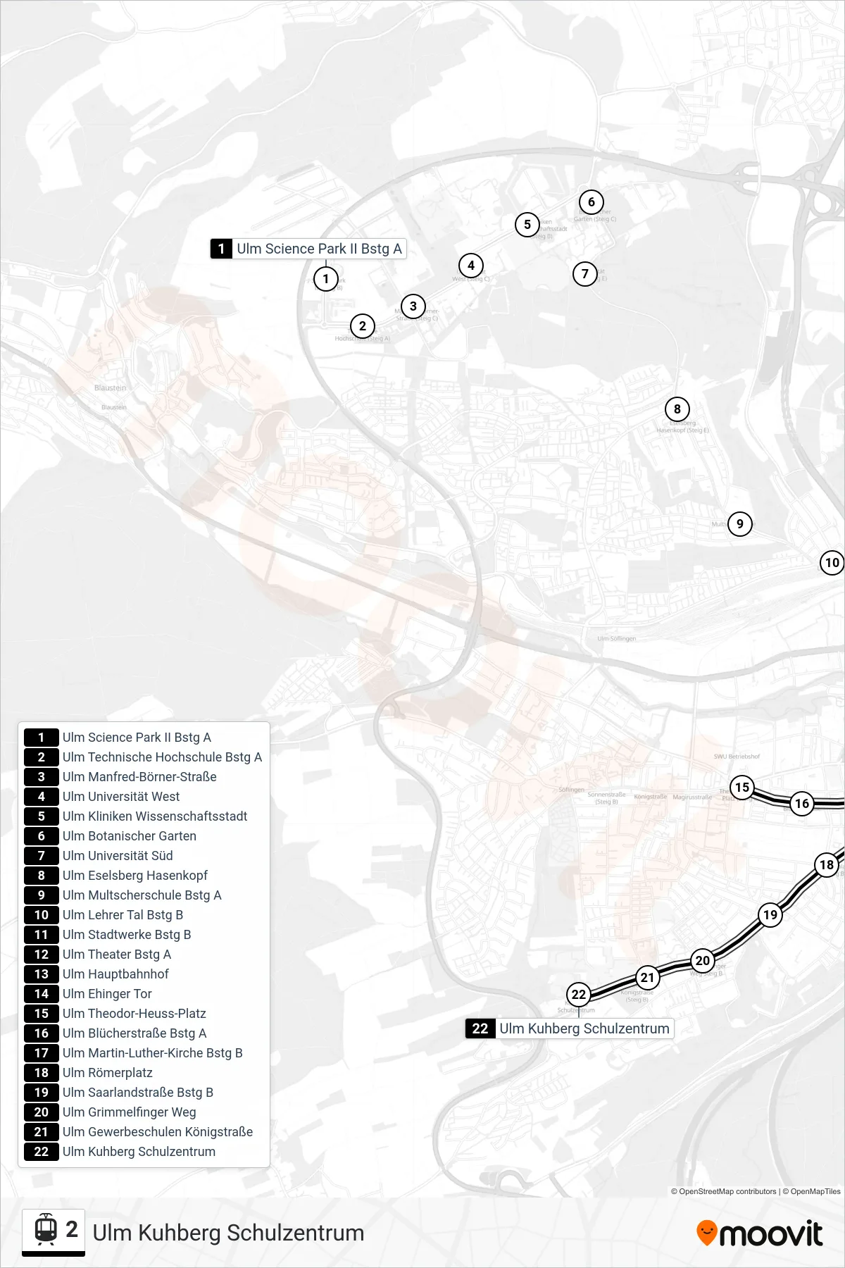2 light rail Line (Ulm Kuhberg Schulzentrum) route and stops on a map