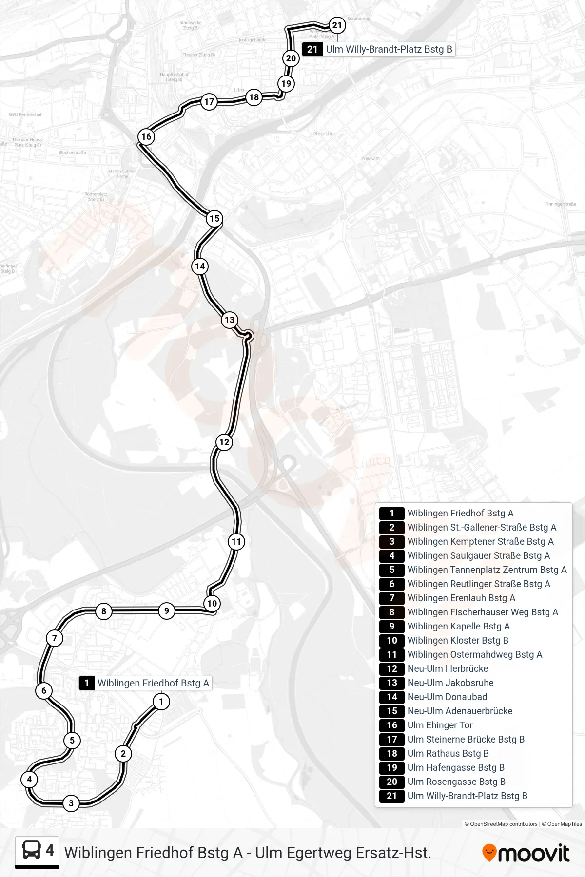 4 bus Line (Ulm Willy-Brandt-Platz) route and stops on a map
