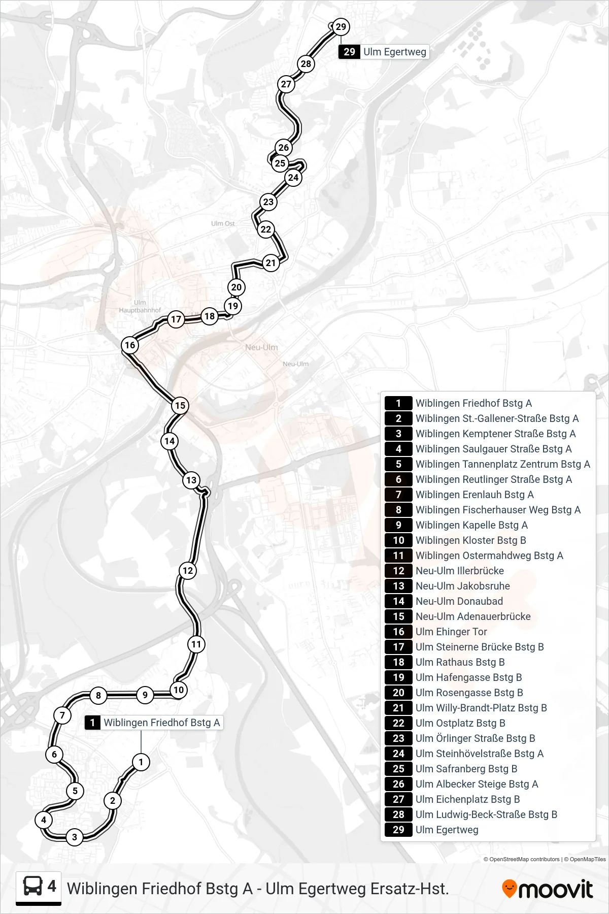 4 bus Line (Ulm Egertweg) route and stops on a map