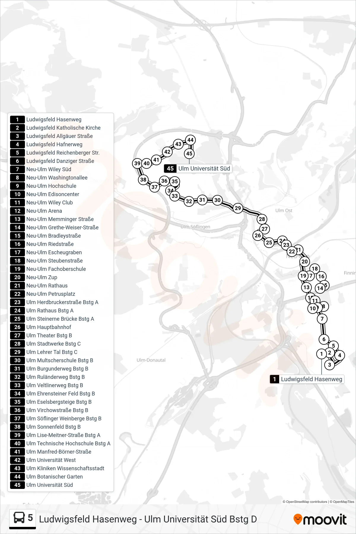 5 bus Line (Ulm Universität Süd) route and stops on a map
