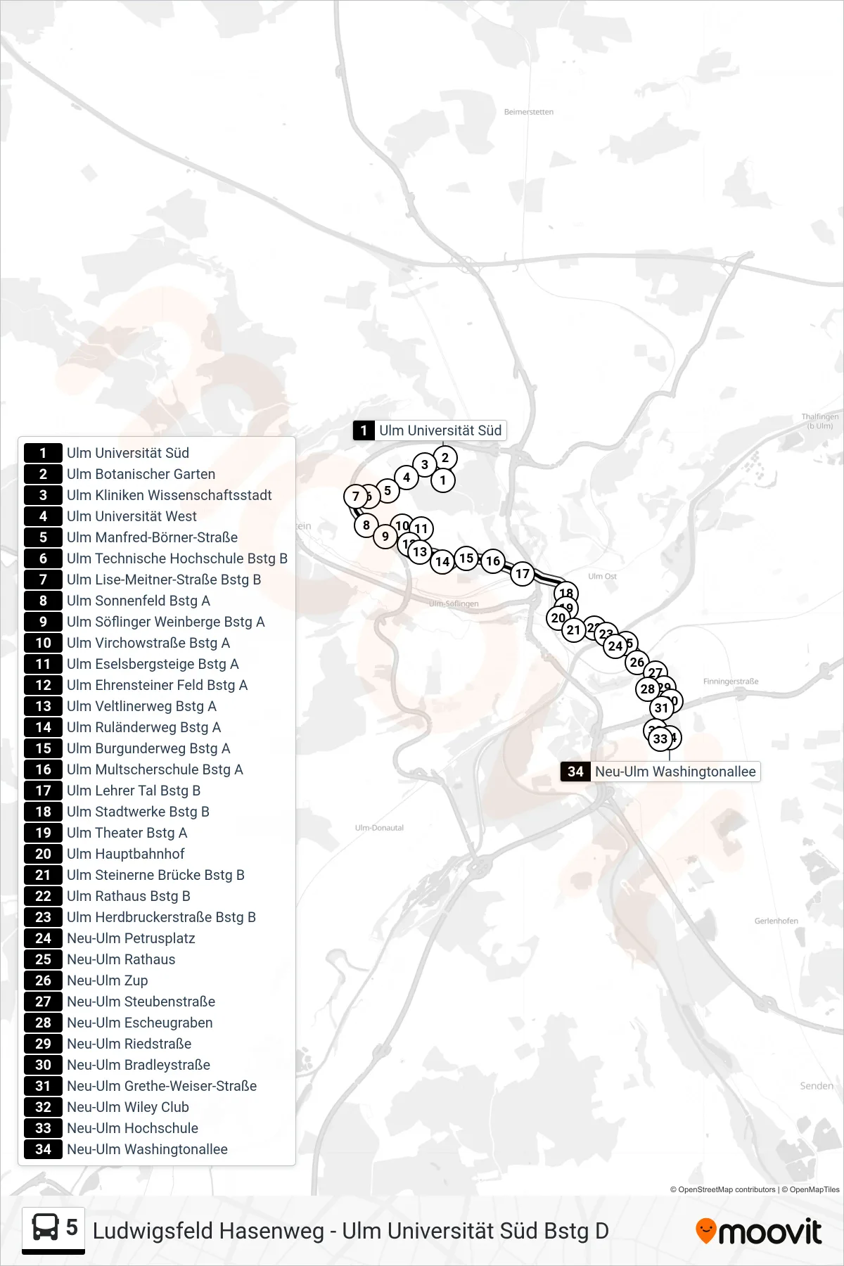 5 bus Line (Neu-Ulm Washingtonallee) route and stops on a map