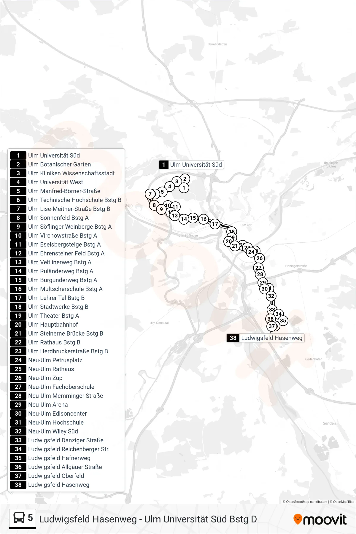 5 bus Line (Ludwigsfeld Hasenweg) route and stops on a map