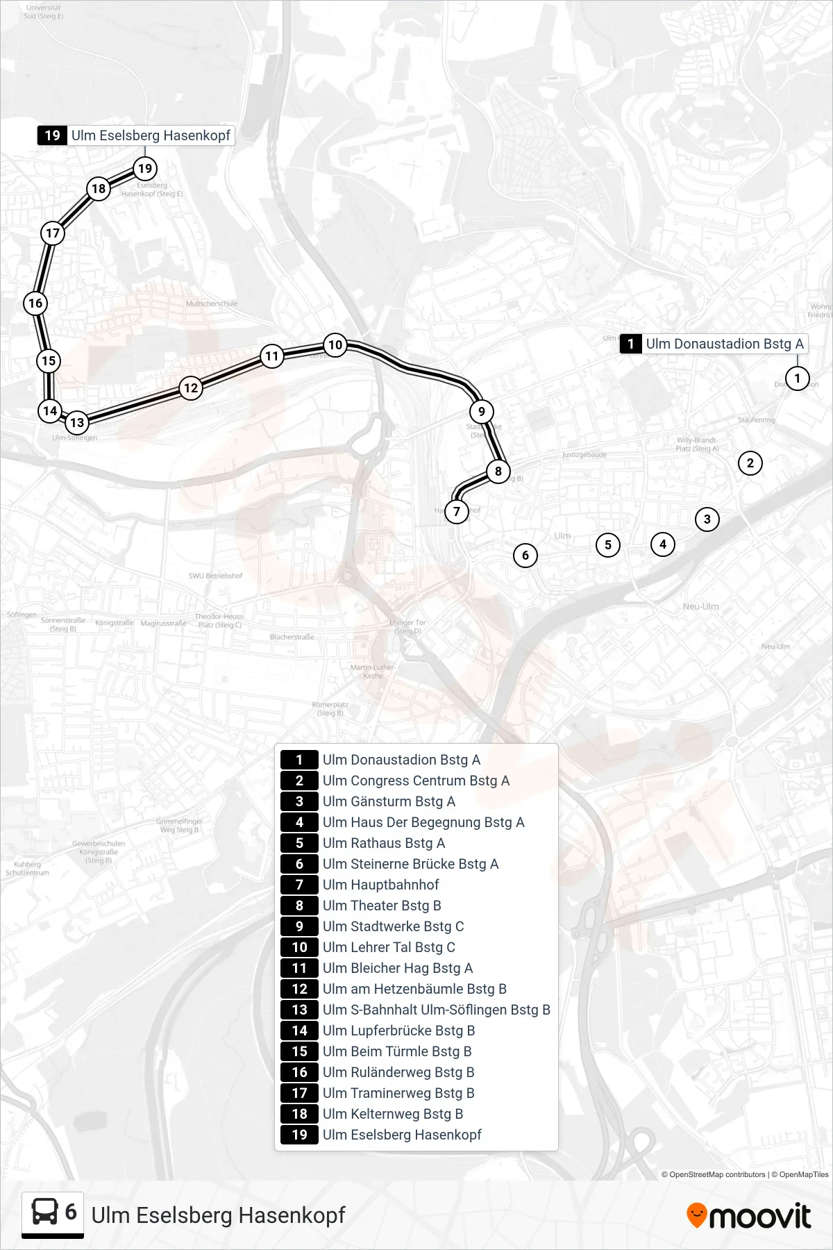 6 bus Line (Ulm Eselsberg Hasenkopf) route and stops on a map