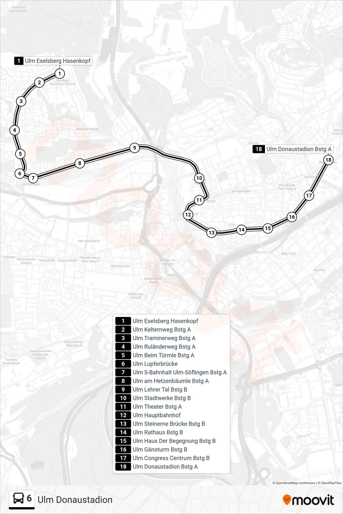 6 bus Line (Ulm Donaustadion) route and stops on a map